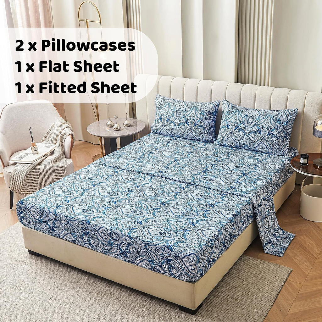 Blue Paisley Printed Queen Size Sheet Set, Blue Floral Sheets Queen, Cozy Microfiber Fitted Sheet with 15" Deep Pocket & Non-Slip Straps, Flower Patterned Sheets & Pillowcase Sets