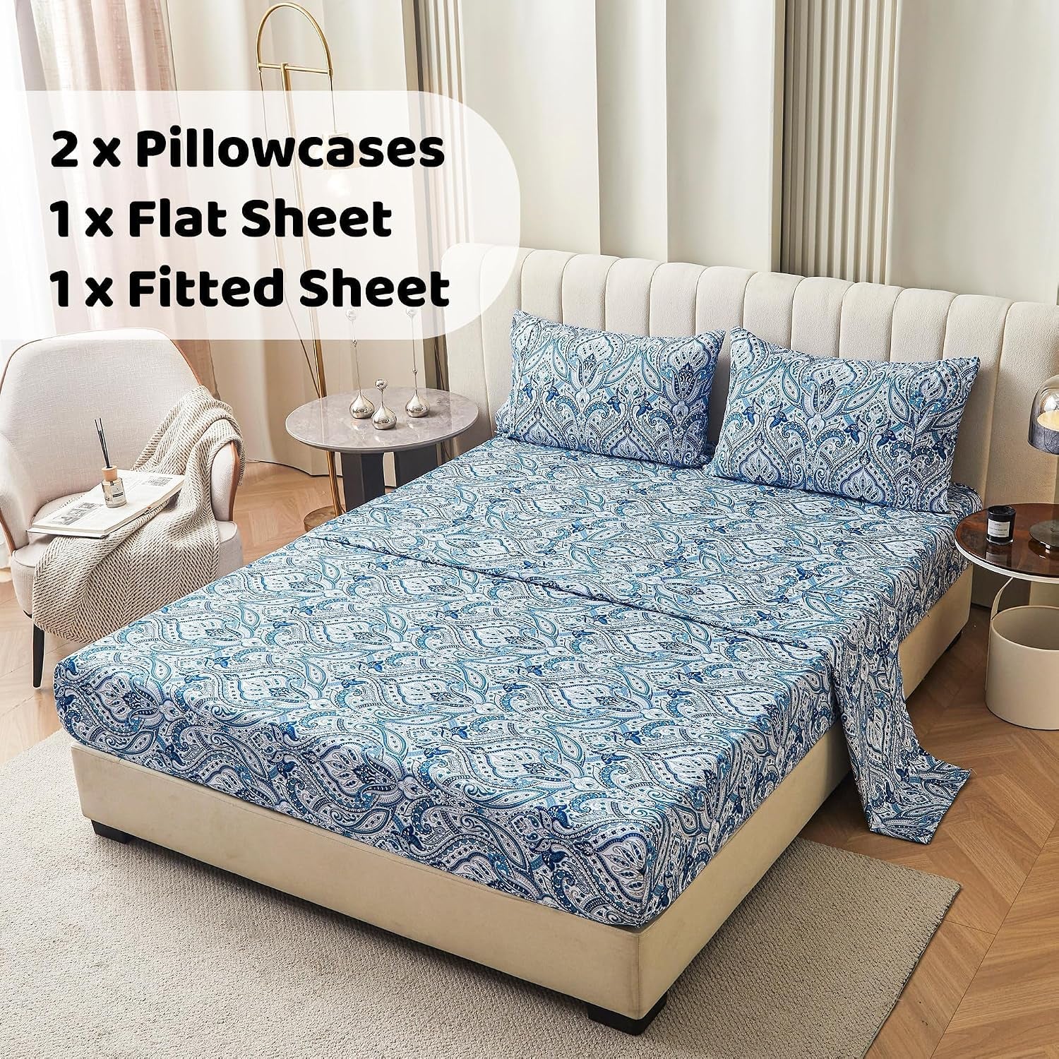 Blue Paisley Printed Queen Size Sheet Set, Blue Floral Sheets Queen, Cozy Microfiber Fitted Sheet with 15" Deep Pocket & Non-Slip Straps, Flower Patterned Sheets & Pillowcase Sets