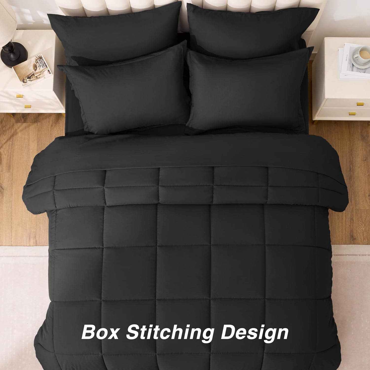 Full Comforter Set Ash Black, 7 Pieces Full Bed in a Bag, All Season Bedding Sets with 1 Comforter, 1 Flat Sheet, 1 Fitted Sheet, 2 Pillowcase and 2 Pillow Sham