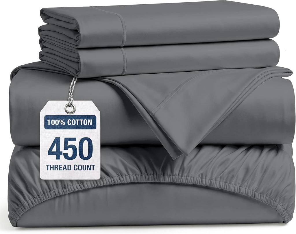 Bed Sheets Queen Size - 450TC 100% Cotton Sateen Weave, Charcoal | Soft, Breathable, Cooling & Silky Queen Sheet Set - 15 Inch Deep Pocket, OEKO-TEX Certified, Hotel Luxury