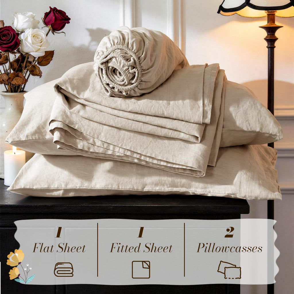 100% French Linen King Size Sheets Set,Natural Flax Bedding | Cooling for Hot Sleepers,Anti-Tear,Breathable Durable,16" Deep Pocket,Machine Washable,4Pc,Natural Linen
