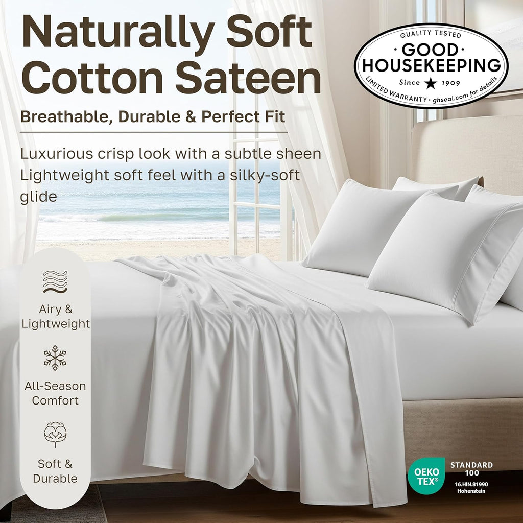 Soft Natural 100% Cotton Sateen Bed Sheets Queen Size, 4 Pc Set, Dark Grey | Backed by Good Housekeeping Seal, Light & Breathable for Hot Sleepers, 14" Deep Pocket, All-Around Elastic, Durable