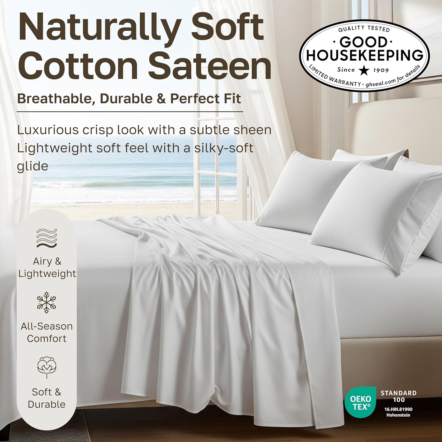 Soft Natural 100% Cotton Sateen Bed Sheets Queen Size, 4 Pc Set, Dark Grey | Backed by Good Housekeeping Seal, Light & Breathable for Hot Sleepers, 14" Deep Pocket, All-Around Elastic, Durable