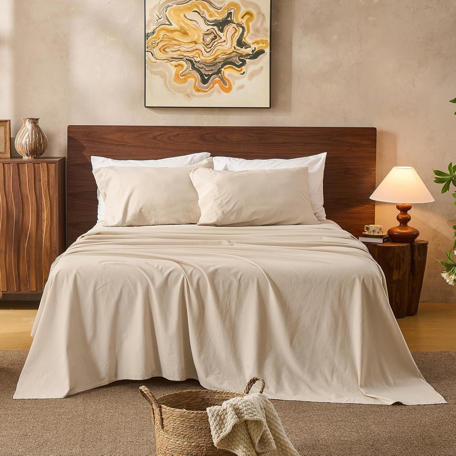 100% Linen Sheets Queen Size,Breathable & Durable 4-Piece Bed Flax Sheet Set,Soft All-Season Bedding for Hot Sleepers 16" Deep Pocket Oeko-Tex Certified,（Queen, Linen）