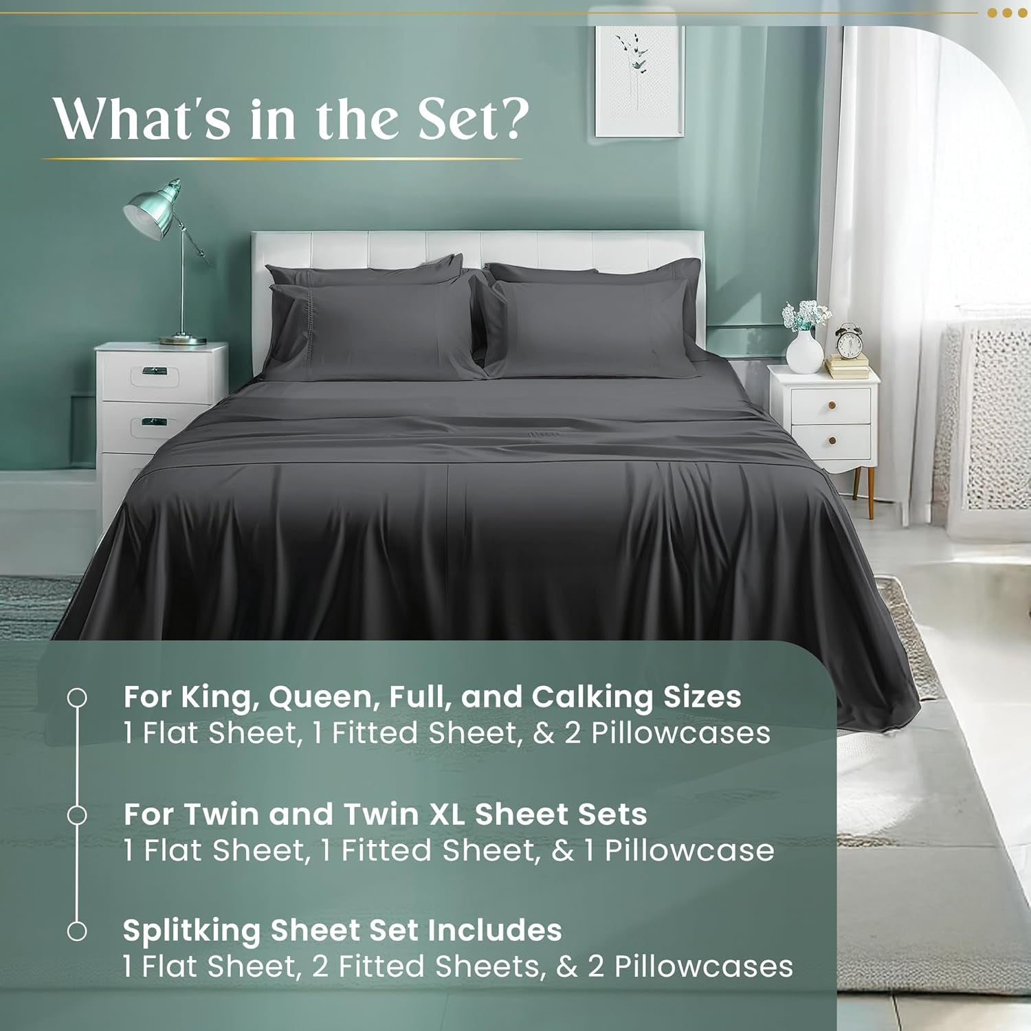 Egyptian Cotton Sheets Queen Size, 100% Cotton Queen Sheet Set - Charcoal | 4-Piece 800 Thread Count, OEKO TEX Certified, Sateen Weave Cooling Sheets with 15" Deep Pocket Fitted Sheet & Pillowcase Sets