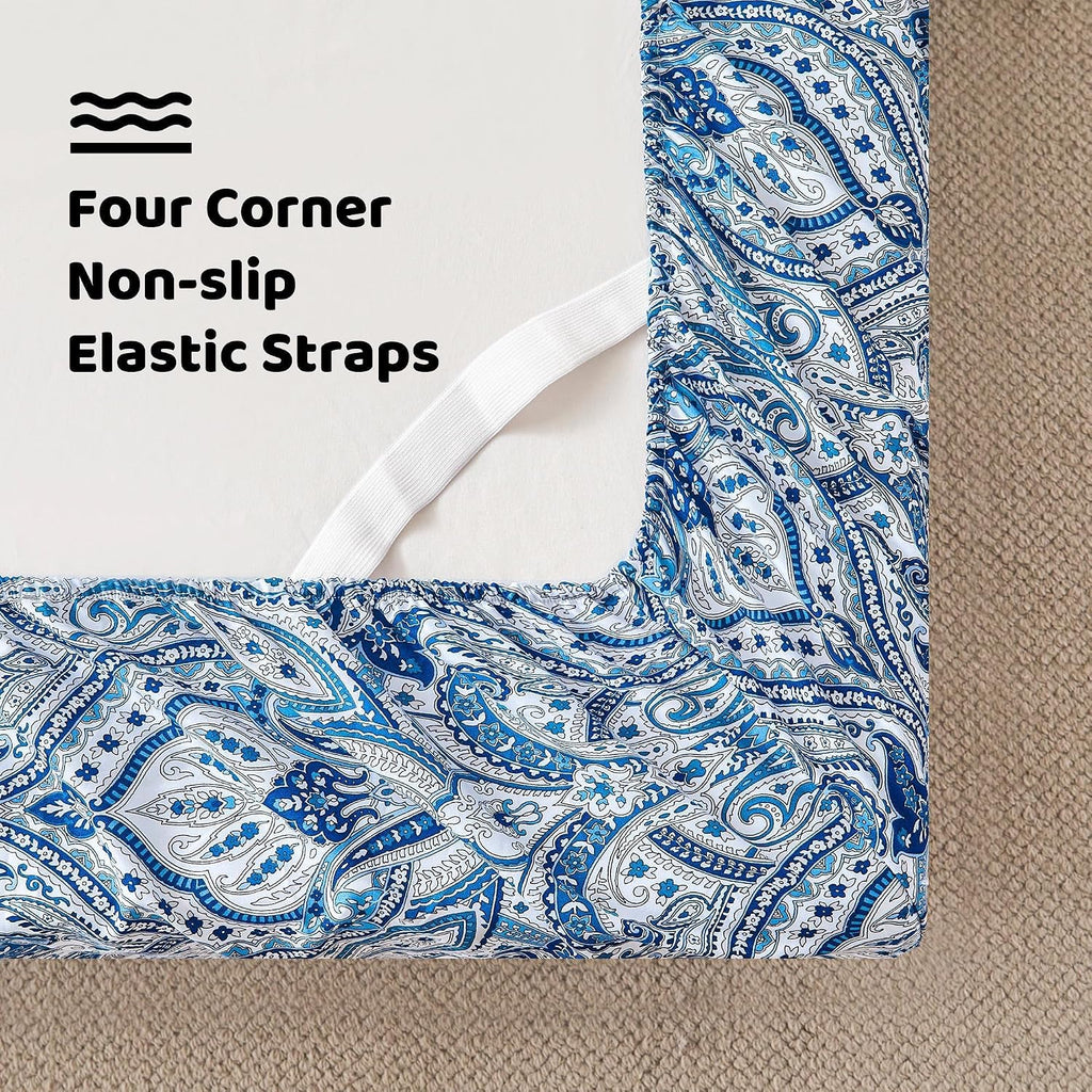 Blue Paisley Printed Queen Size Sheet Set, Blue Floral Sheets Queen, Cozy Microfiber Fitted Sheet with 15" Deep Pocket & Non-Slip Straps, Flower Patterned Sheets & Pillowcase Sets