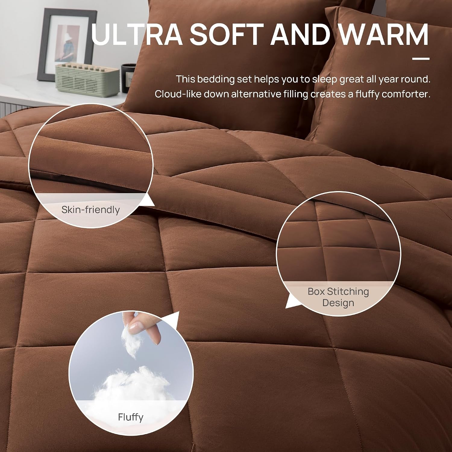 Full Comforter Set Brown, 7 Pieces Full Bed in a Bag, All Season Bedding Sets with 1 Comforter, 1 Flat Sheet, 1 Fitted Sheet, 2 Pillowcase and 2 Pillow Sham