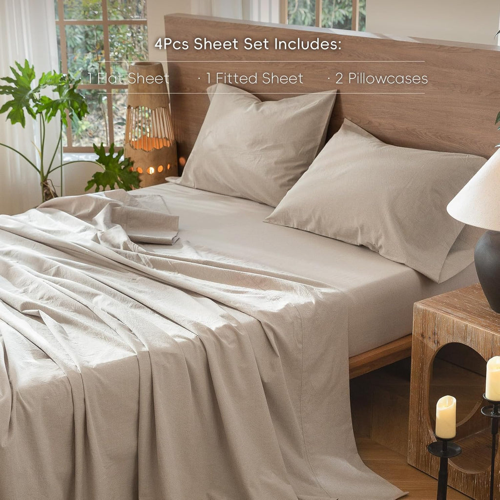 Sheet Set 100% Washed Cotton Linen-Like Extra Deep Pocket King | Relaxed Linen-Like Texture. Soft, Breathable & Lightweight Comfort. 15–19" Extra Deep Pocket with All-Around Elastic