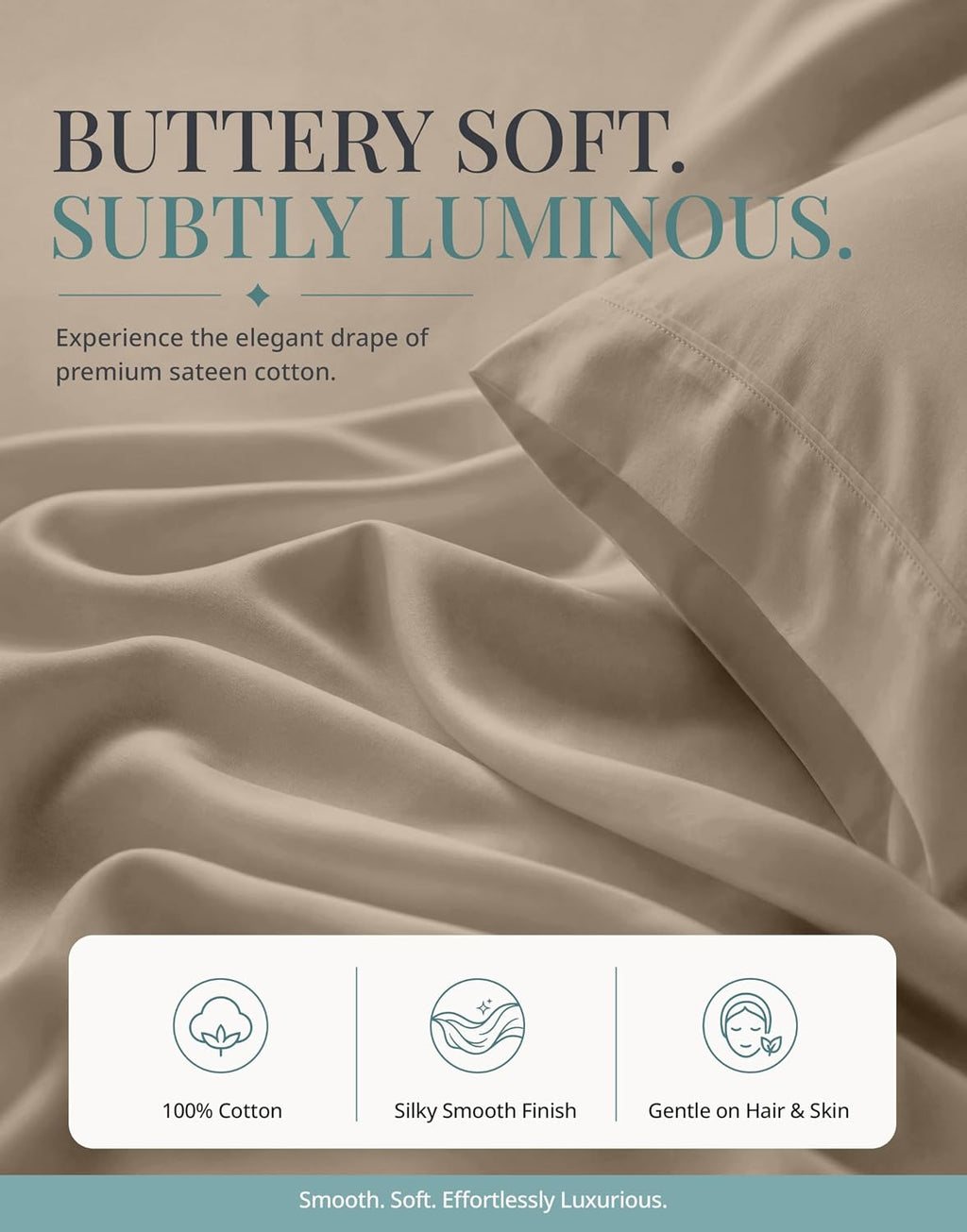 Queen Sheets - 450TC 100% Long-Staple Cotton Sateen Weave, Taupe | Soft & Breathable Queen Sheet Set - Cooling, Silky, Snug 15 Inch Deep Pocket, Hotel Luxury, OEKO-TEX Certified