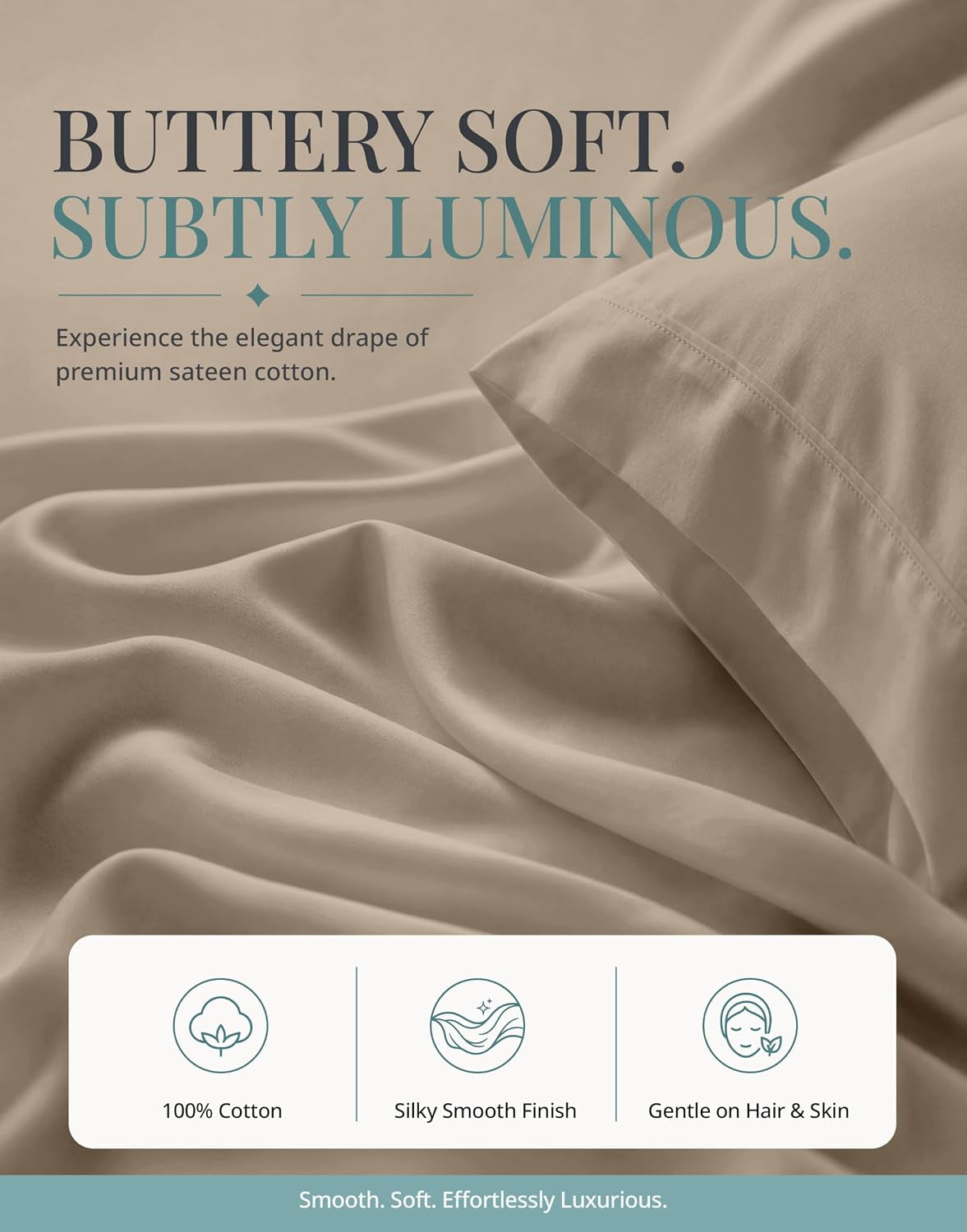 Queen Sheets - 450TC 100% Long-Staple Cotton Sateen Weave, Taupe | Soft & Breathable Queen Sheet Set - Cooling, Silky, Snug 15 Inch Deep Pocket, Hotel Luxury, OEKO-TEX Certified