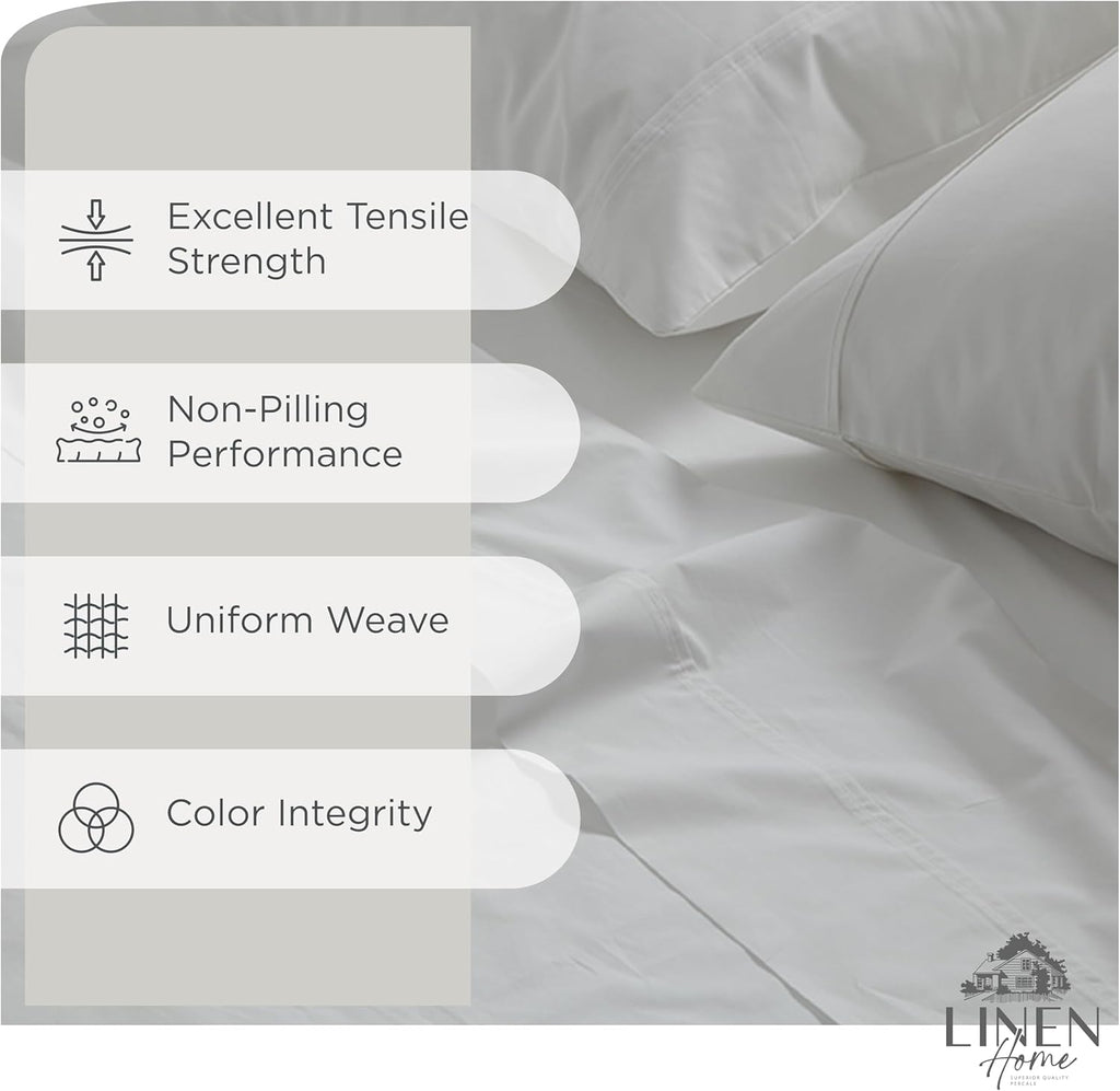 100% Cotton Percale Sheets Queen Size, White, Deep Pocket, 4 Pieces Set - 1 Flat, 1 Deep Pocket Fitted Sheet and 2 Pillowcases, Crisp Cool and Strong Bed Linen