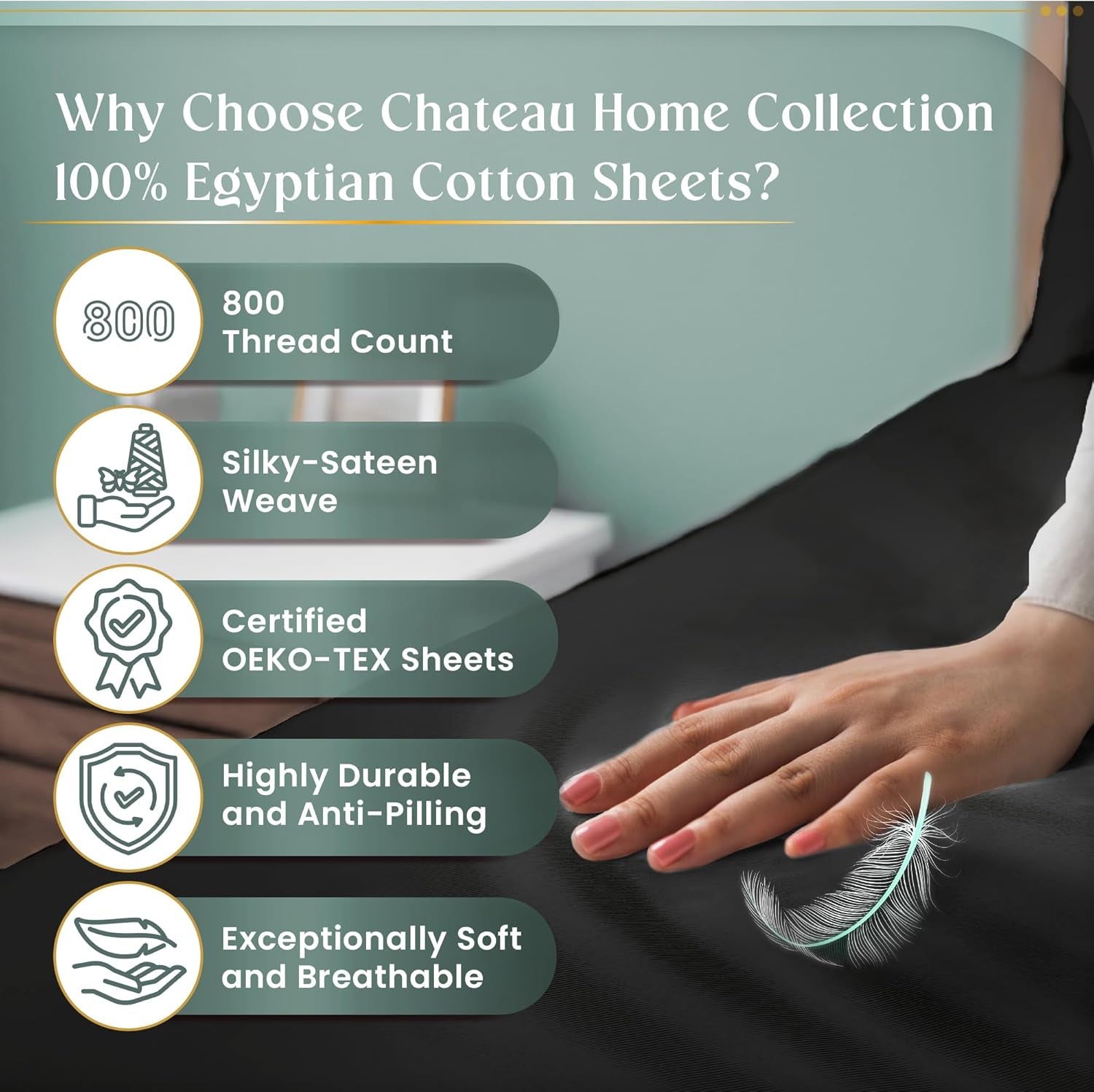 Egyptian Cotton Sheets Queen Size, 100% Cotton Queen Sheet Set - Charcoal | 4-Piece 800 Thread Count, OEKO TEX Certified, Sateen Weave Cooling Sheets with 15" Deep Pocket Fitted Sheet & Pillowcase Sets