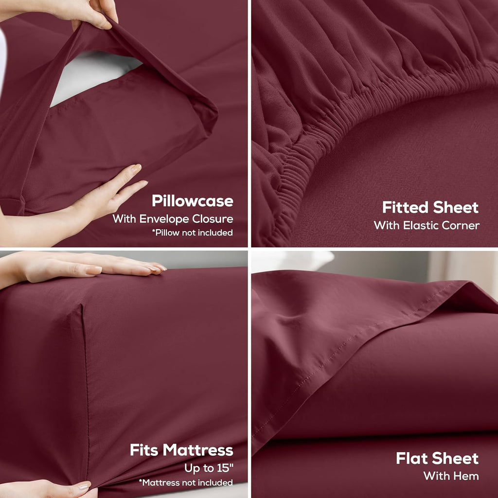 Queen Sheets Set, 4 Pieces 16" Deep Pocket Hotel Luxury Bedsheets, Burgundy | Extra Soft Bedsheet Set, Comfy & Breathable Cooling Sheets, Wrinkle & Fade Resistant, Fitted Sheet, Flat Sheet, 2 Pillowcases