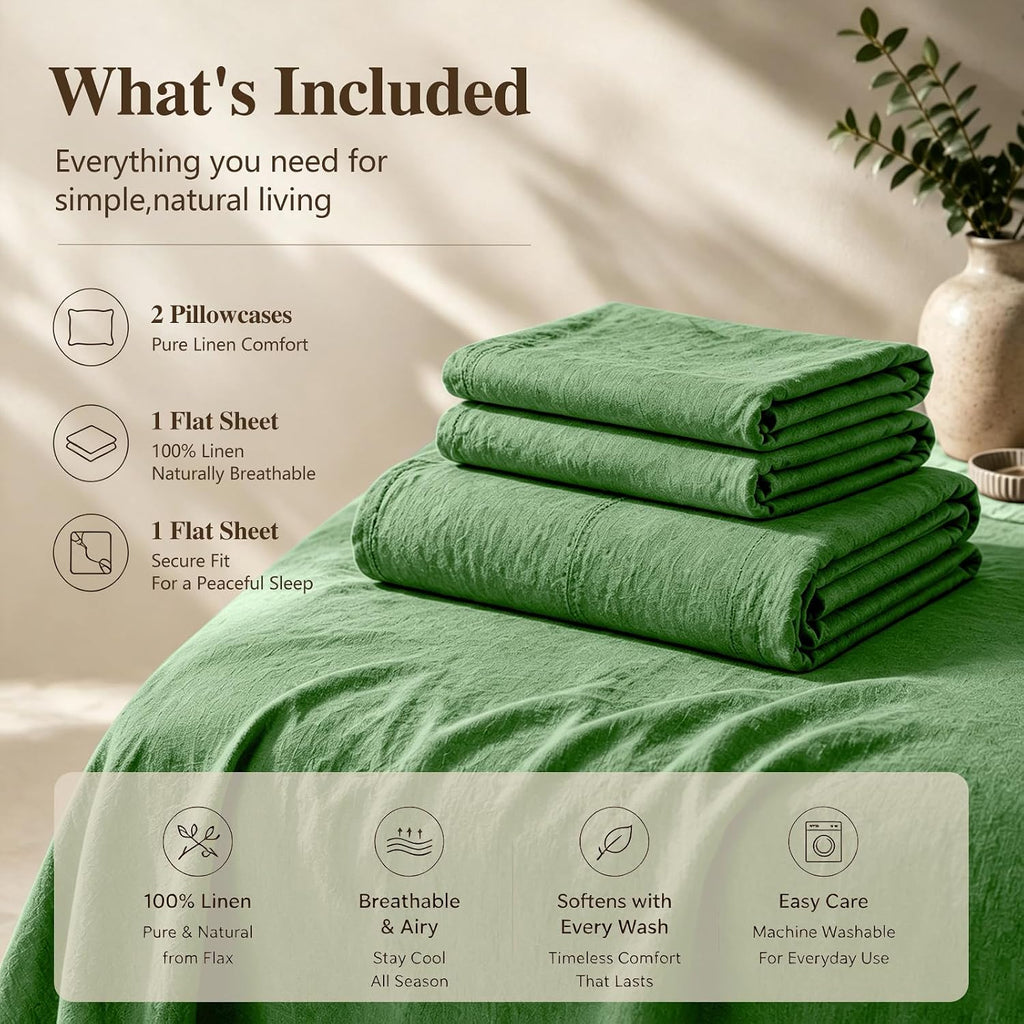 100% French Linen Sheets King,4 Pcs,16" Deep Pocket | Soft Durable Linen Sheets, Breathable, Anti-Tear, OEKO-TEX Certified, Easy Care Machine Washable