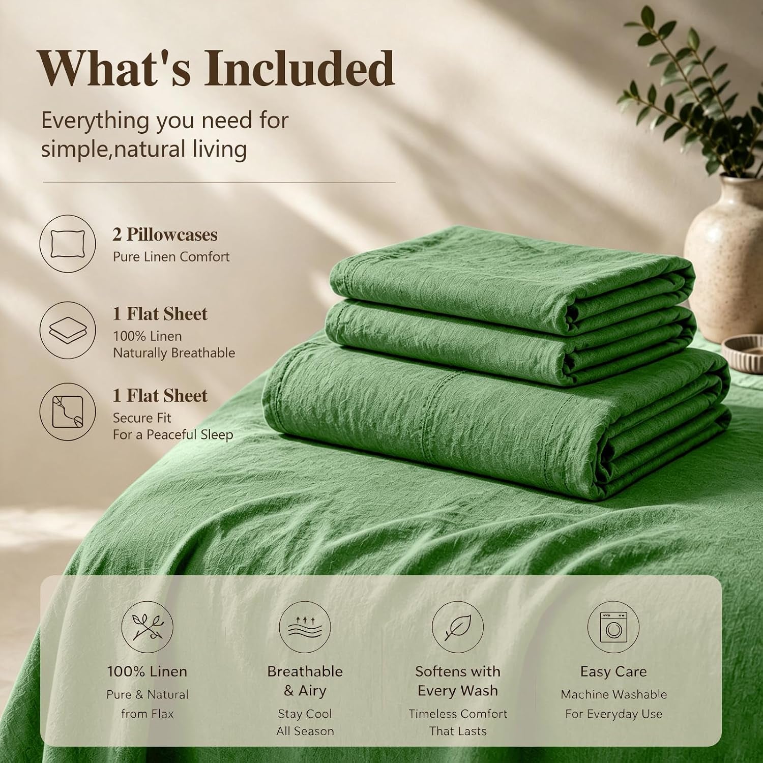 100% French Linen Sheets King,4 Pcs,16" Deep Pocket | Soft Durable Linen Sheets, Breathable, Anti-Tear, OEKO-TEX Certified, Easy Care Machine Washable