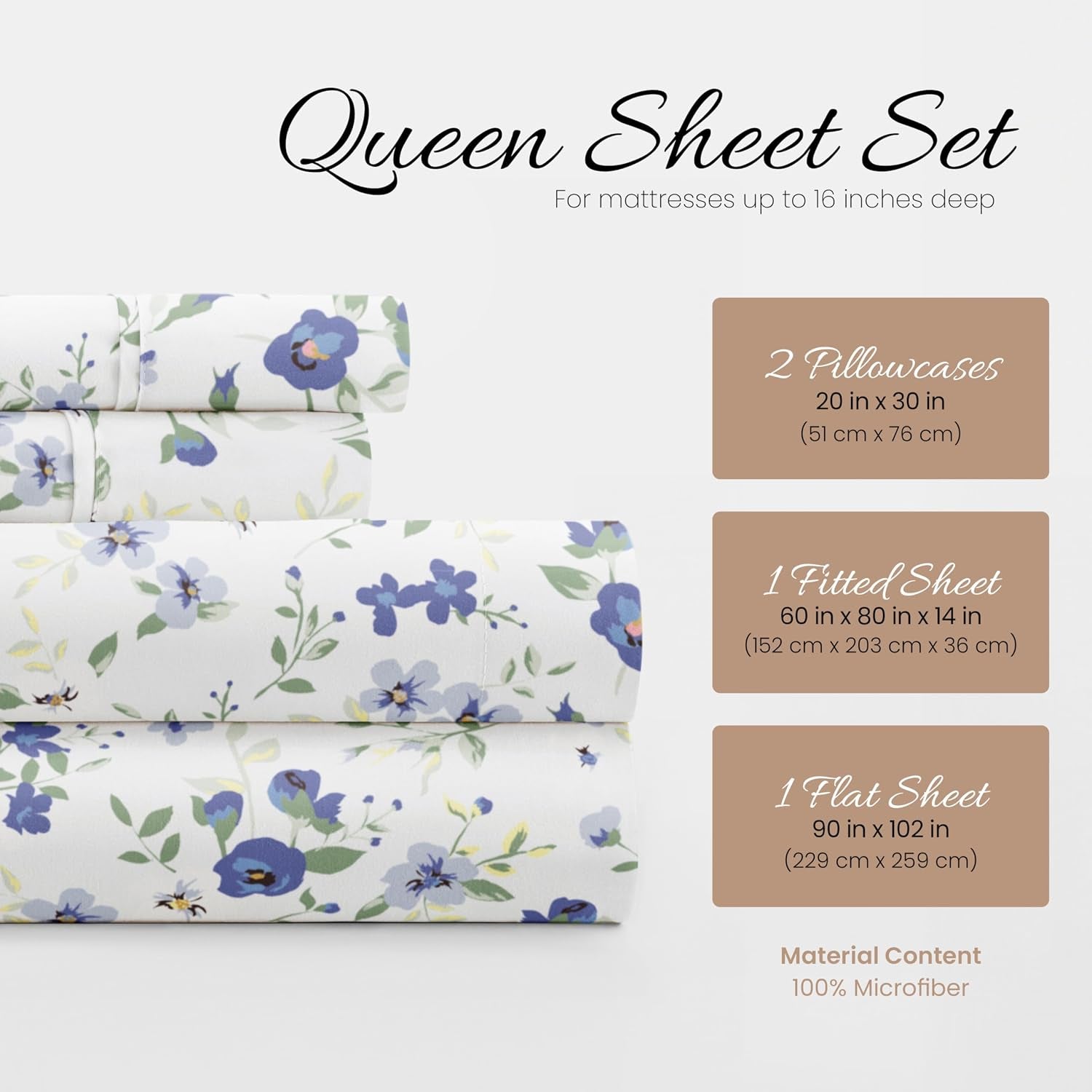 4 Piece Queen Sheet Set - Breathable, Double-Brushed Patterned Cooling Sheets – Ultra Soft & Wrinkle-Free 16" Deep-Pocket Queen Sheets - Easy Care Blossoms Light Blue