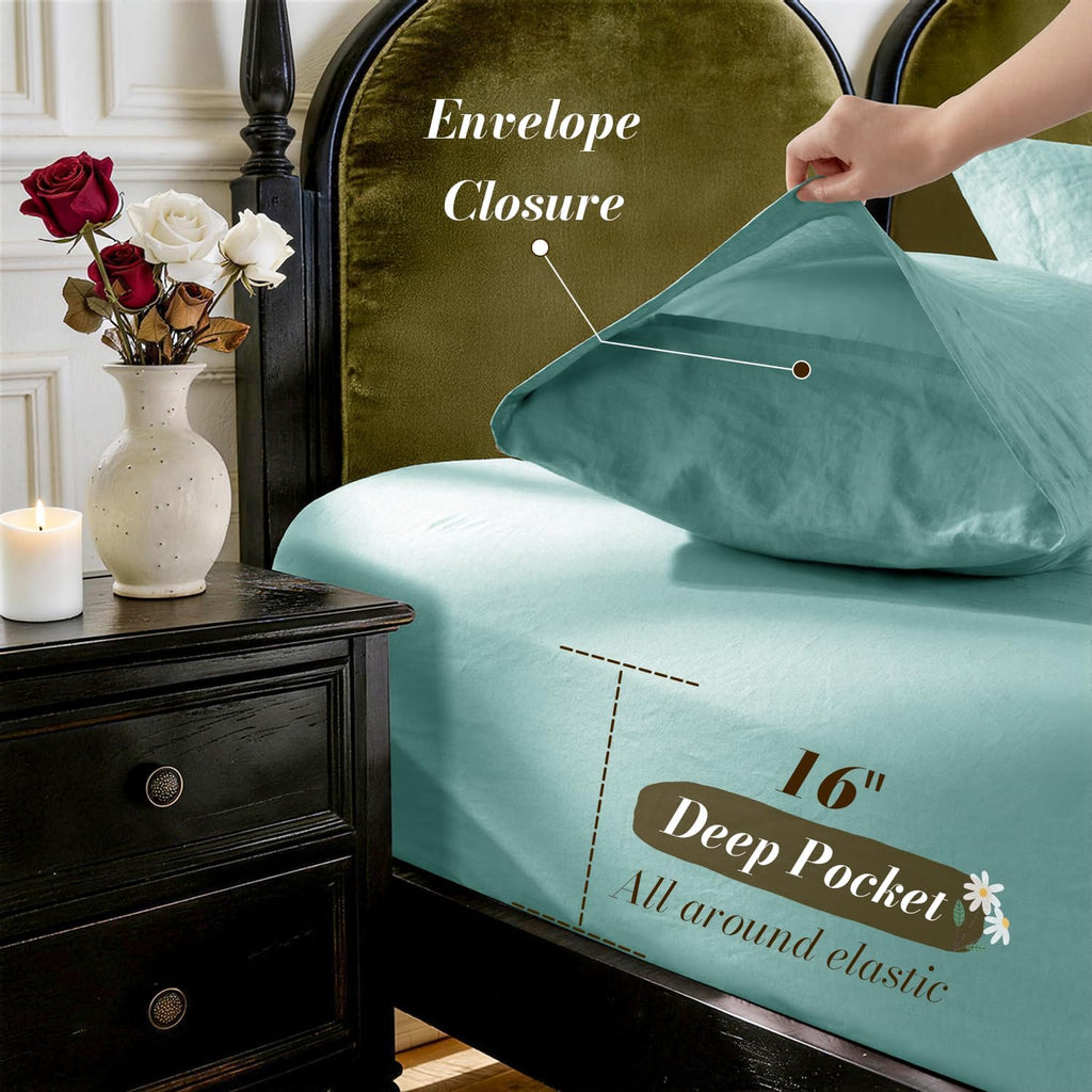100% French Linen King Size Sheets Set,Natural Flax Bedding | Cooling for Hot Sleepers,Anti-Tear,Breathable Durable,16" Deep Pocket,Machine Washable,4Pc,Aqua