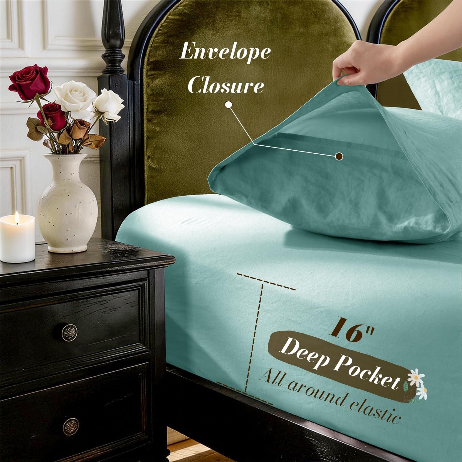 100% French Linen King Size Sheets Set,Natural Flax Bedding | Cooling for Hot Sleepers,Anti-Tear,Breathable Durable,16" Deep Pocket,Machine Washable,4Pc,Aqua