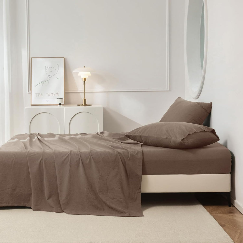 King Washed Cotton Sheet Set, 4-Piece, Relaxed Linen Feel | Deep Pocket Fits Mattresses up to 17". Flat Sheet & 2 Pillowcases. Naturally Soft & Breathable. Machine Washable.