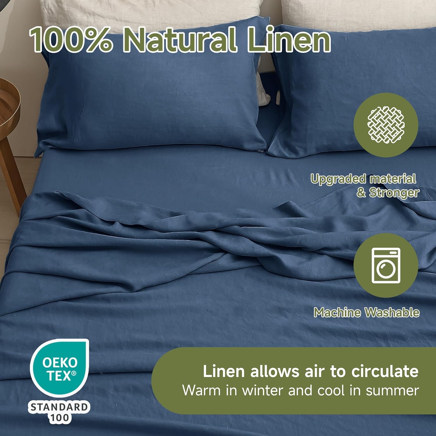 100% Linen Sheets Queen Size Set, 4 Pcs Natural French Linen Bed Sheets, Breathable Soft Durable Bedding Set for All Season (Classic Blue, Queen)