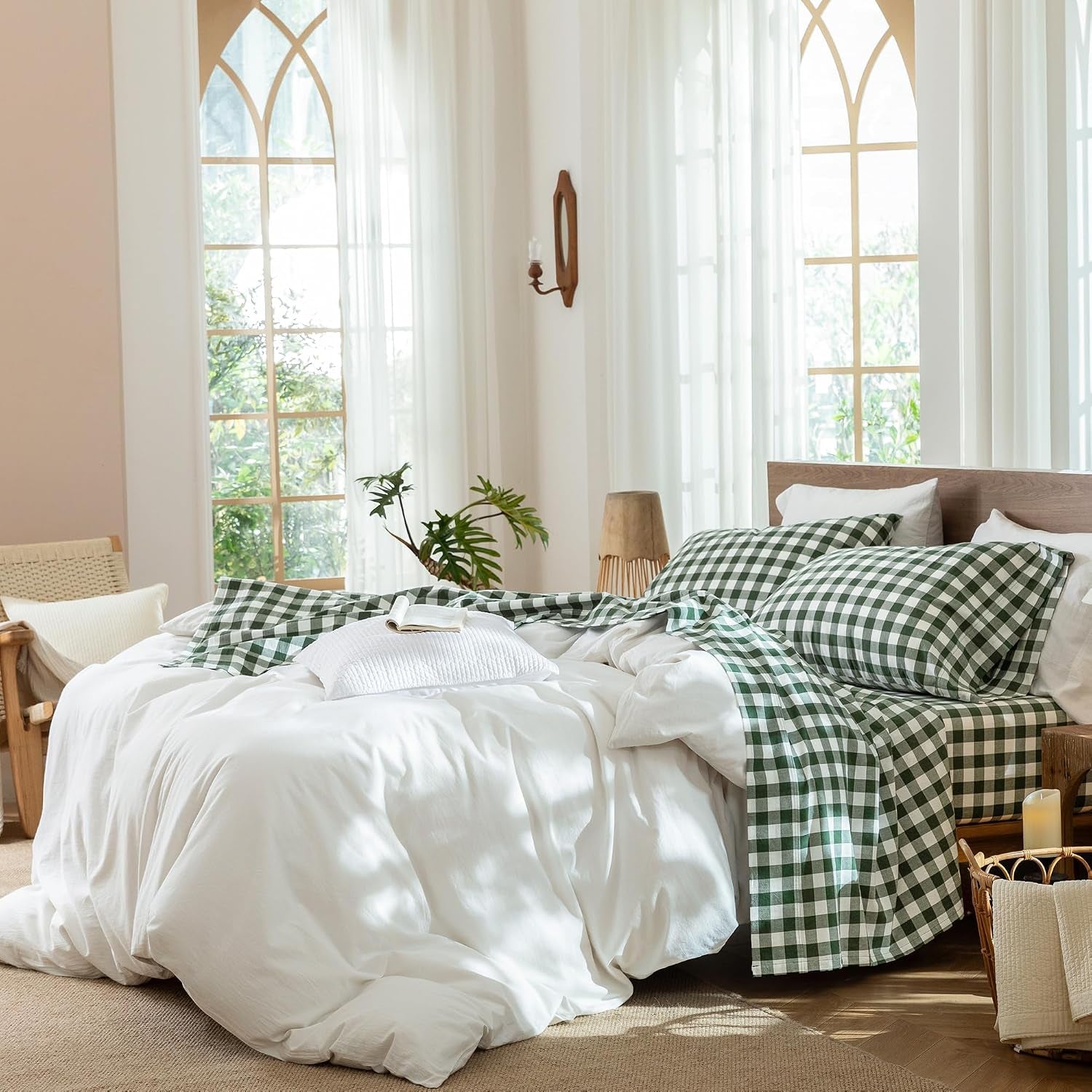 Gingham Sheet Set 100% Washed Cotton Linen-Like Deep Pocket King | Relaxed Linen-Like Texture. Soft, Breathable & Lightweight Comfort. 15–19" Extra Deep Pocket with All-Around Elastic