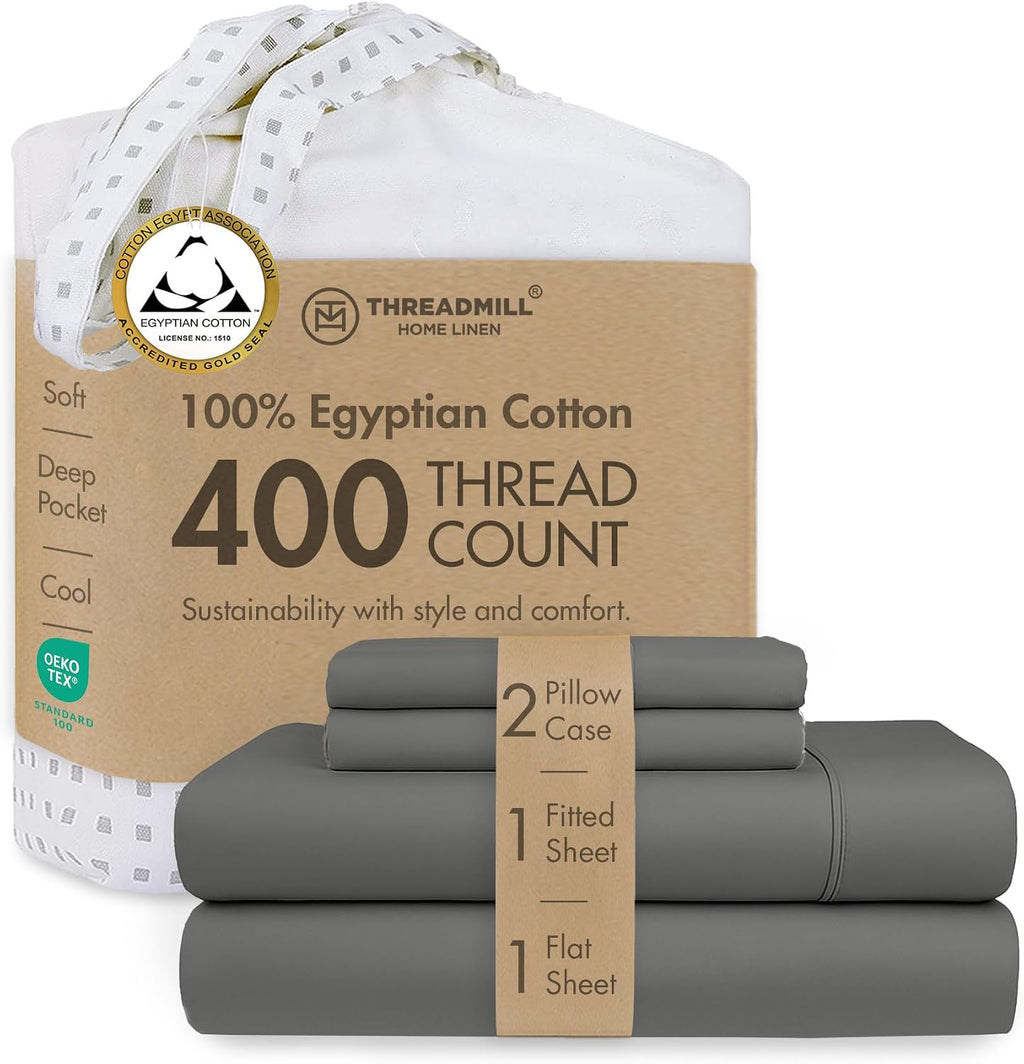 400TC Egyptian Cotton Queen Sheet Set, Sateen, Dark Grey, 4-Pc | 100% Egyptian Cotton, Sateen Weave, 4-Piece Set, 16" Deep Pocket, Cooling, OEKO-TEX Certified, Machine Washable