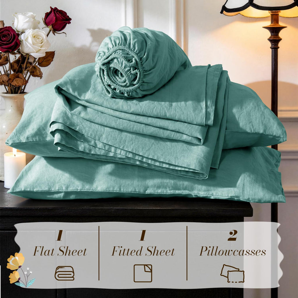 100% French Linen King Size Sheets Set,Natural Flax Bedding | Cooling for Hot Sleepers,Anti-Tear,Breathable Durable,16" Deep Pocket,Machine Washable,4Pc,Aqua