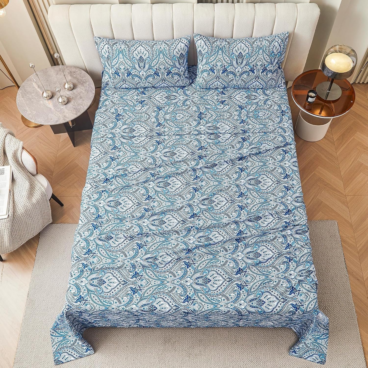 Blue Paisley Printed Queen Size Sheet Set, Blue Floral Sheets Queen, Cozy Microfiber Fitted Sheet with 15" Deep Pocket & Non-Slip Straps, Flower Patterned Sheets & Pillowcase Sets