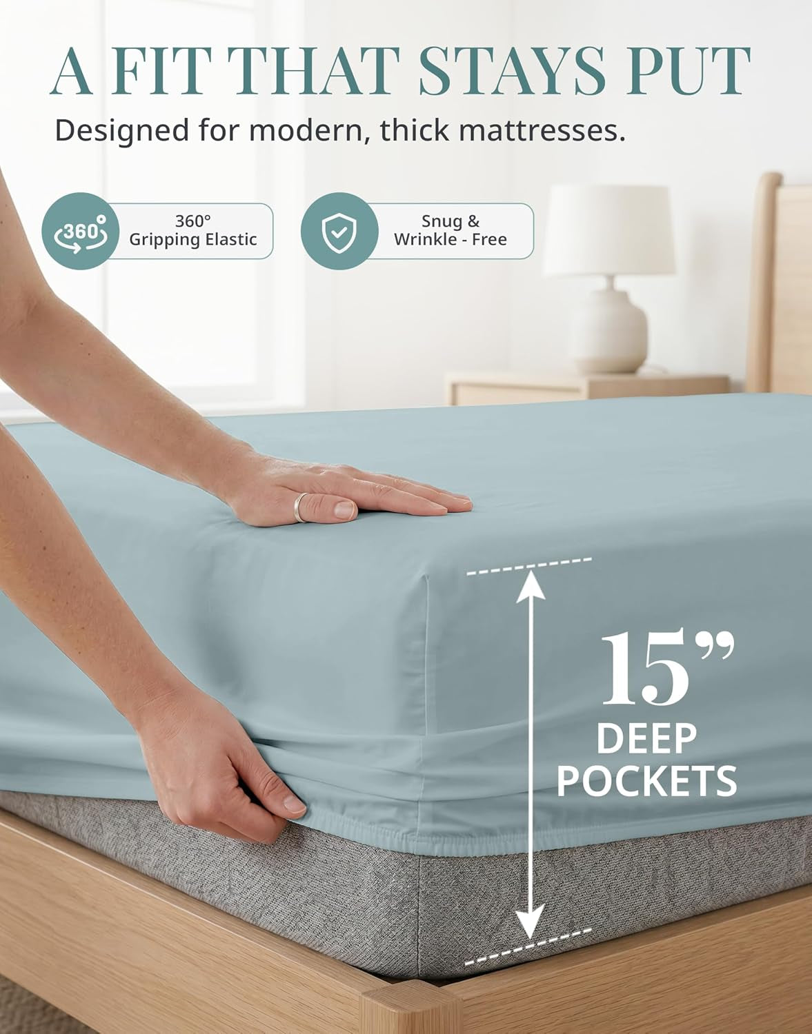 Queen Bed Sheets - 450TC Combed Cotton Sateen Weave, French Blue | Soft & Breathable Queen Sheet Set - Snug 15 Inch Deep Pocket, OEKO-TEX Certified, Everyday Comfort
