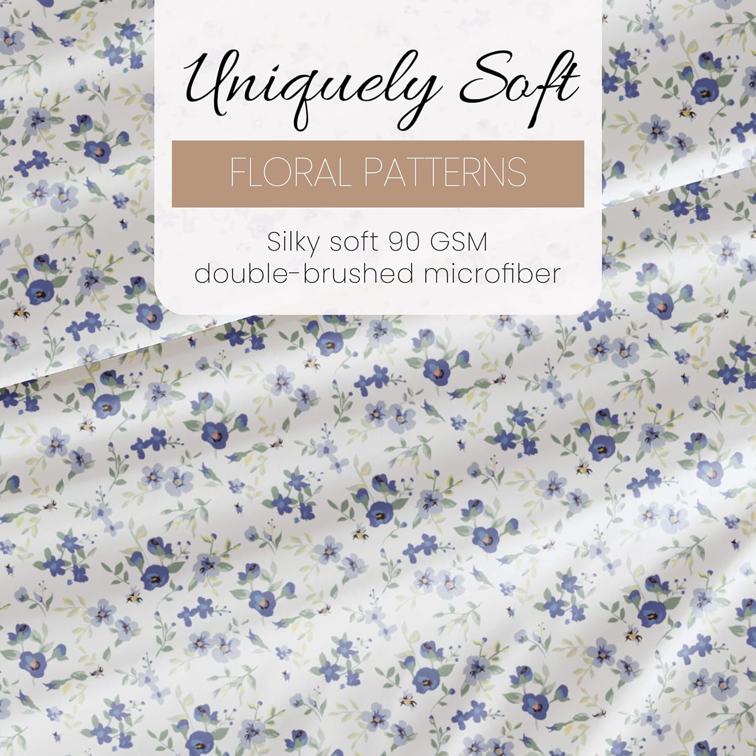 4 Piece Queen Sheet Set - Breathable, Double-Brushed Patterned Cooling Sheets – Ultra Soft & Wrinkle-Free 16" Deep-Pocket Queen Sheets - Easy Care Blossoms Light Blue