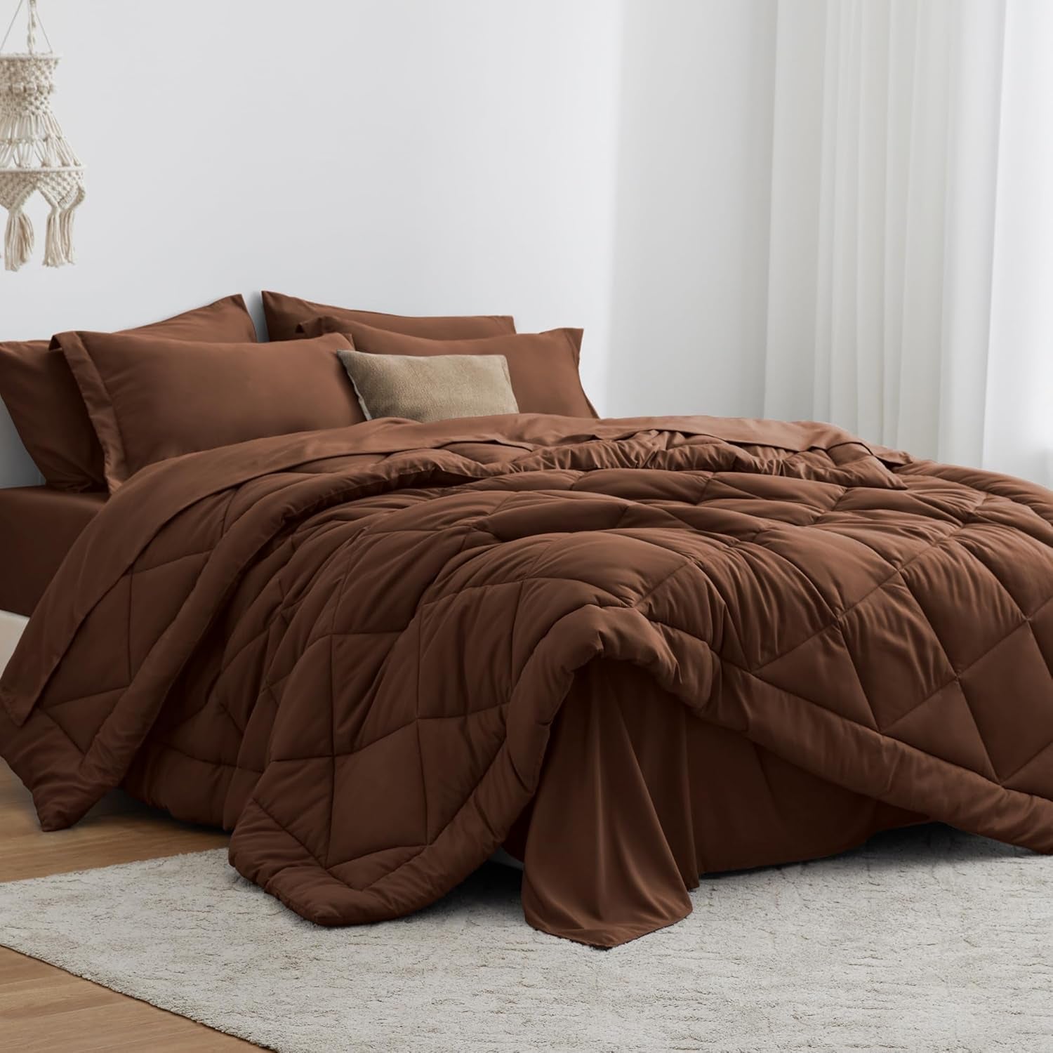 Full Comforter Set Brown, 7 Pieces Full Bed in a Bag, All Season Bedding Sets with 1 Comforter, 1 Flat Sheet, 1 Fitted Sheet, 2 Pillowcase and 2 Pillow Sham