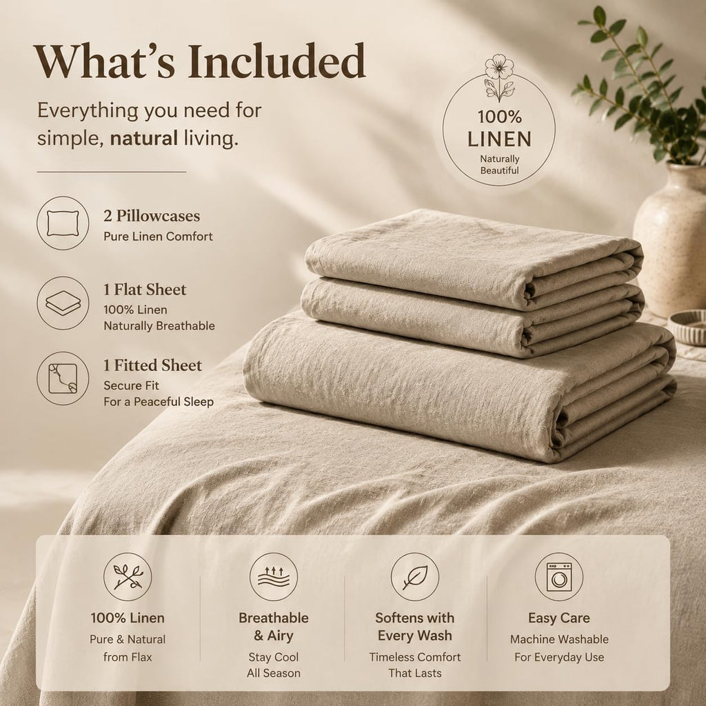 100% French Linen Sheets King,4 Pcs,18-24" Extra Deep Pocket | Soft Durable Linen Sheets, Breathable, Anti-Tear, OEKO-TEX Certified, Easy Care Machine Washable