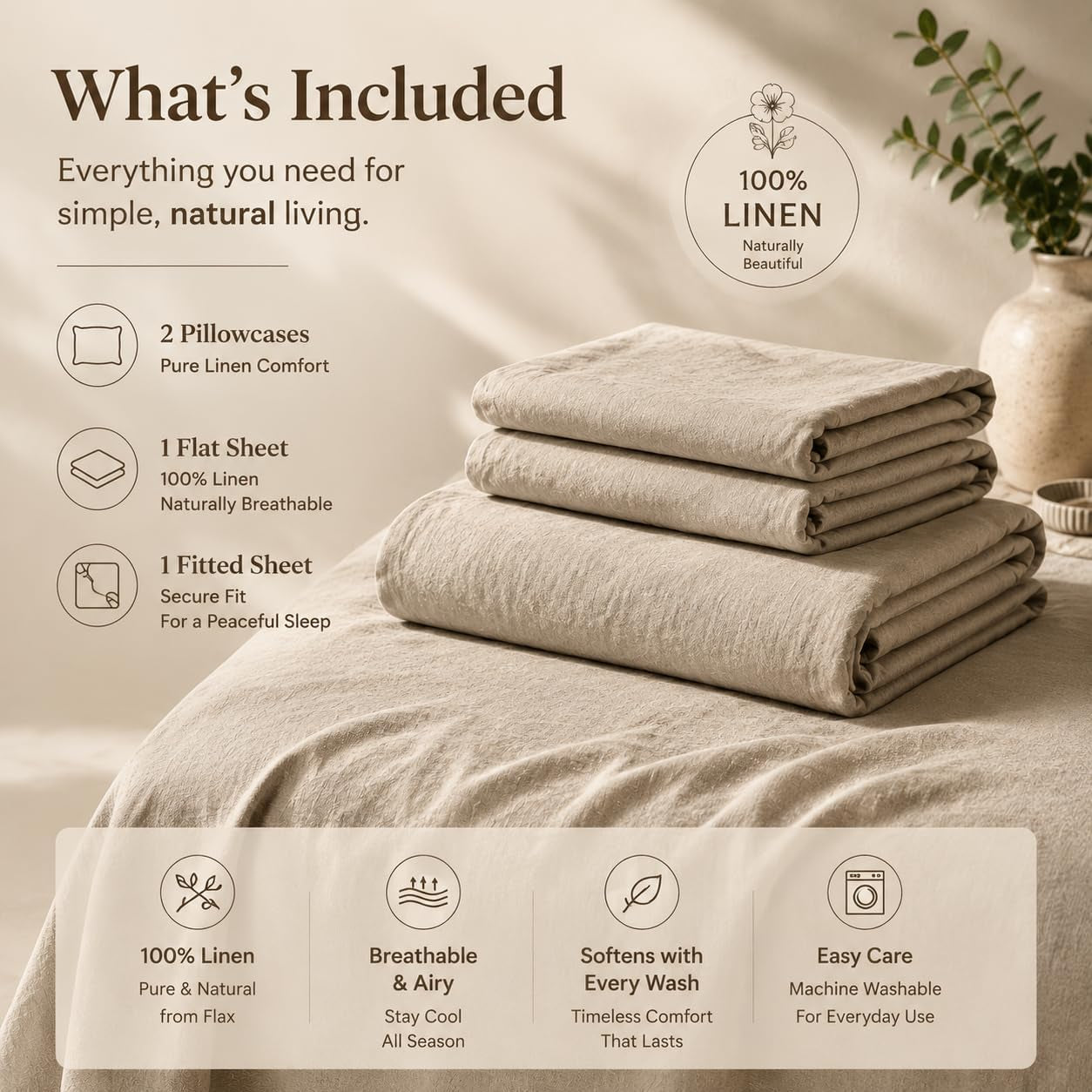100% French Linen Sheets King,4 Pcs,18-24" Extra Deep Pocket | Soft Durable Linen Sheets, Breathable, Anti-Tear, OEKO-TEX Certified, Easy Care Machine Washable
