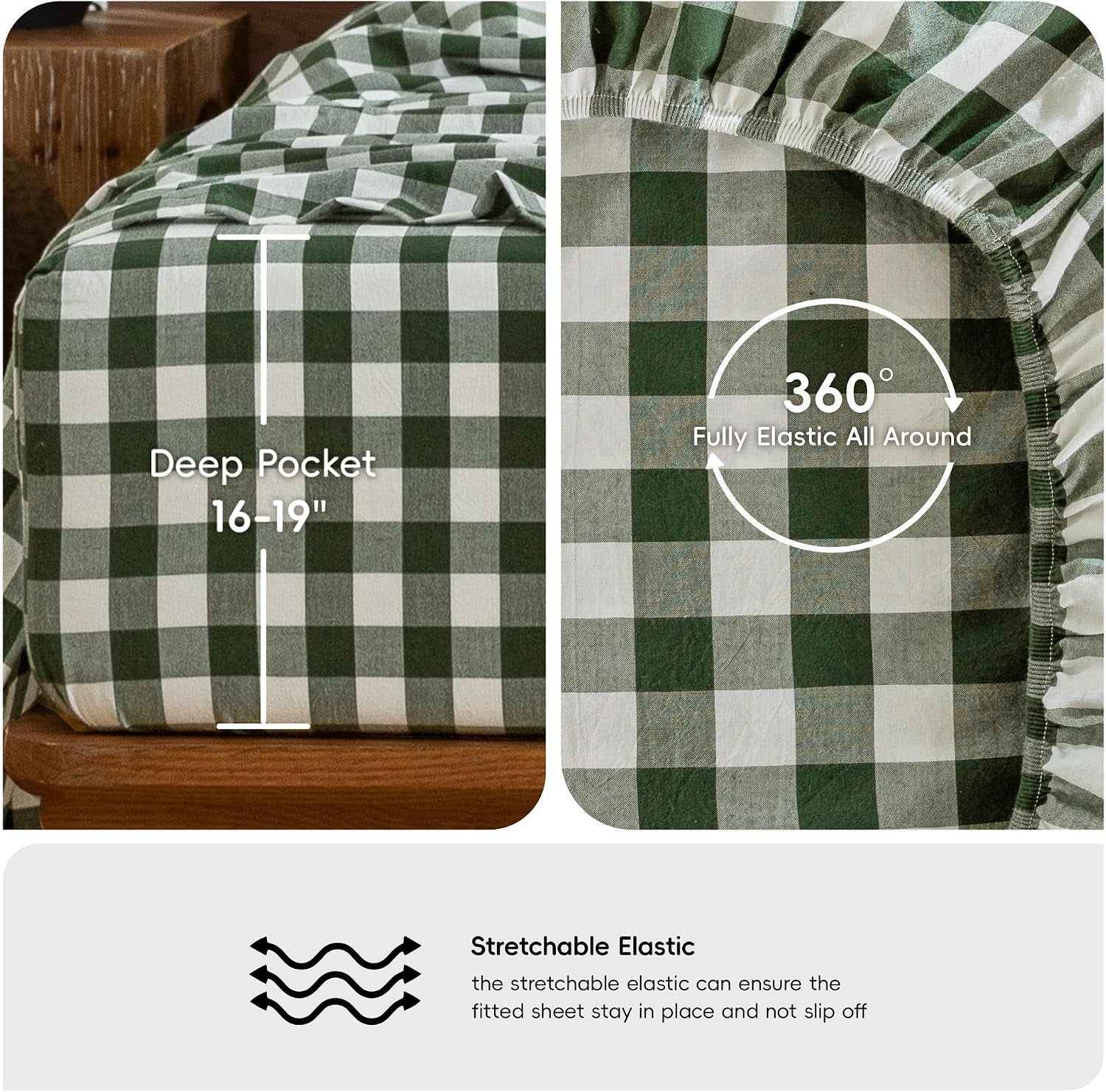 Gingham Sheet Set 100% Washed Cotton Linen-Like Deep Pocket King | Relaxed Linen-Like Texture. Soft, Breathable & Lightweight Comfort. 15–19" Extra Deep Pocket with All-Around Elastic