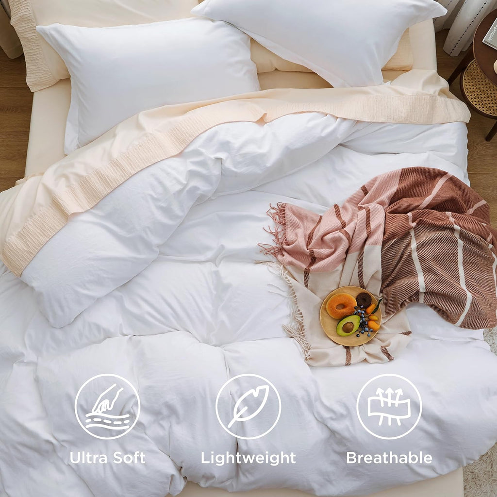 Bedsure Prewashed Duvet Cover Queen, Cotton-Like Bedding Set, Bright White | Ultra Soft, Relaxed Texture, Breathable Comfort, Hidden Zipper, 8 Corner Ties, Easy Care, OEKO-TEX Certified, Year-Round Use