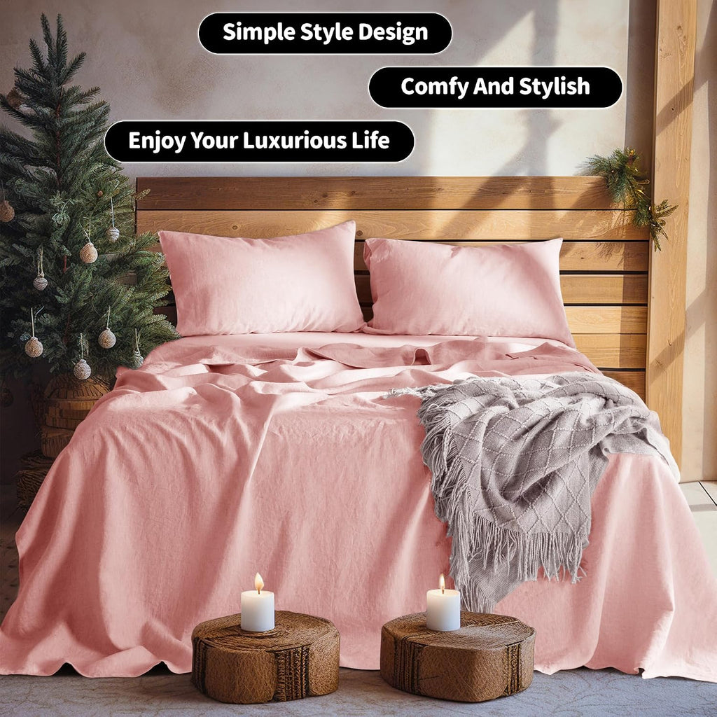 100% French Organic Linen Sheet Set 4Pcs, 16" Deep Pocket Queen Size | Pure Linen Bed Sheet, Natural Flax, Soft Breathable Sheets for Hot Sleepers, Durable, and Cozy for All Seasons, Blush Pink