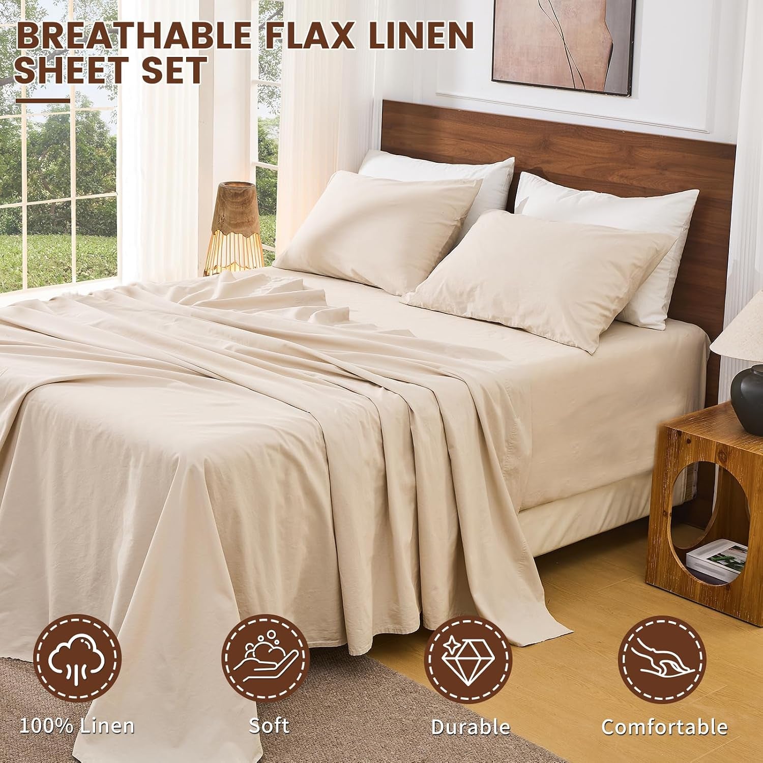 100% French Linen Queen Bedding Set – 18-24" Extra Deep, 4-Piece | Soft & Durable, Breathable & Cooling, Flax Linen Sheet, OEKO-TEX Certified, Moisture Wicking, Easy Care, Machine Washable