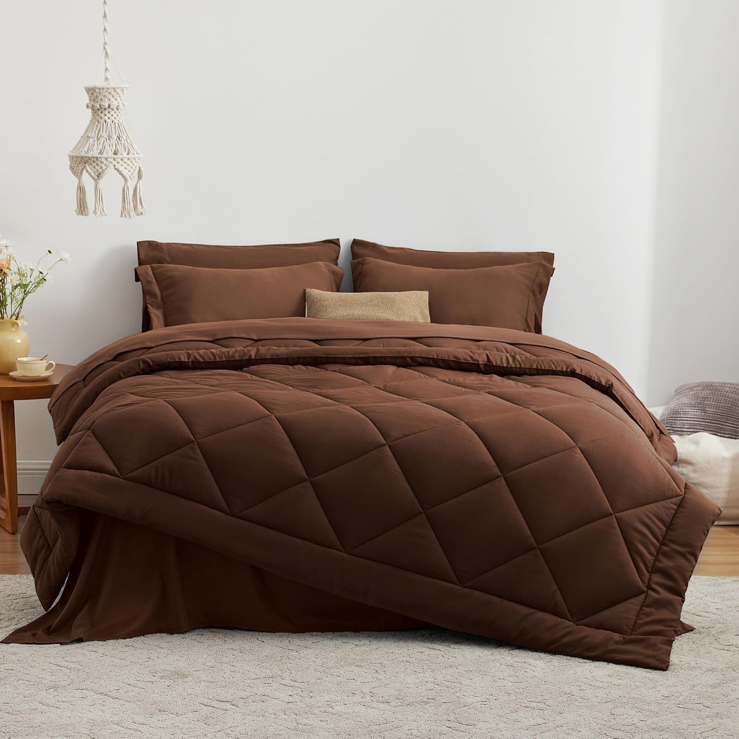 Full Comforter Set Brown, 7 Pieces Full Bed in a Bag, All Season Bedding Sets with 1 Comforter, 1 Flat Sheet, 1 Fitted Sheet, 2 Pillowcase and 2 Pillow Sham
