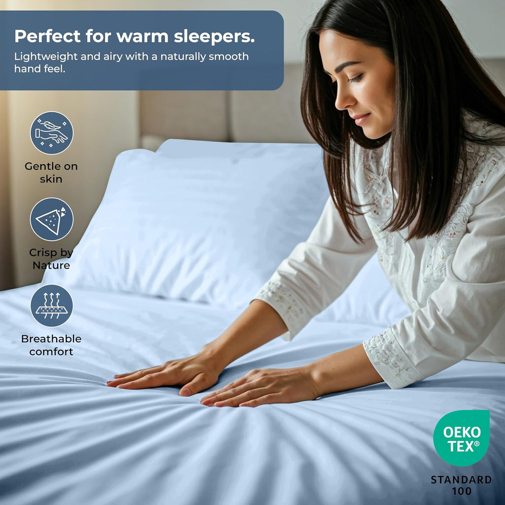 Royale Linen Fitted Sheet with Pillowcases - Queen Fitted Sheets with 2 Pillowcases - 300 Thread Count 100% Organic Cotton - Fit Mattress up to 18" Deep - Soft & Breathable - Lake Blue (No Flat Sheet)