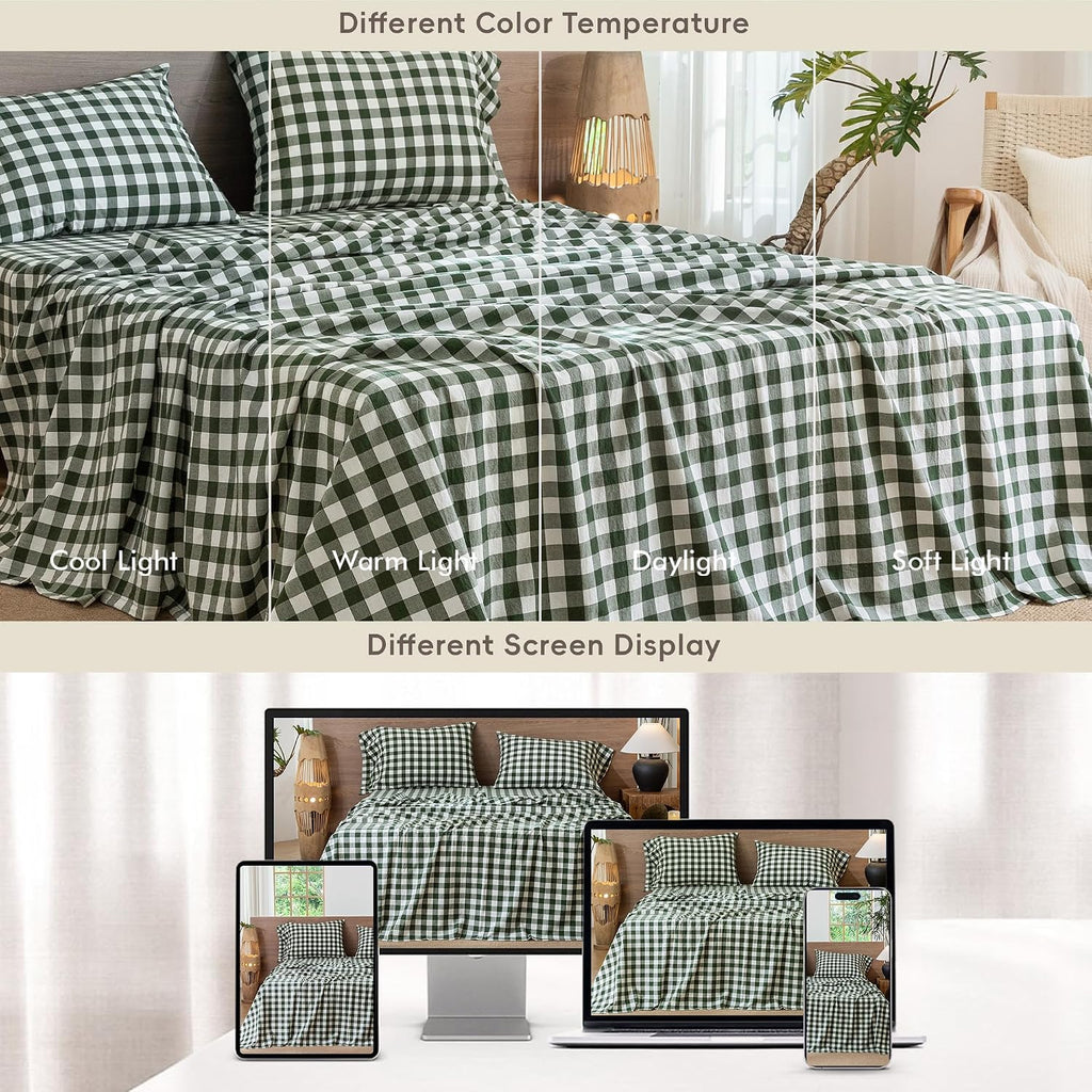 Gingham Sheet Set 100% Washed Cotton Linen-Like Deep Pocket King | Relaxed Linen-Like Texture. Soft, Breathable & Lightweight Comfort. 15–19" Extra Deep Pocket with All-Around Elastic