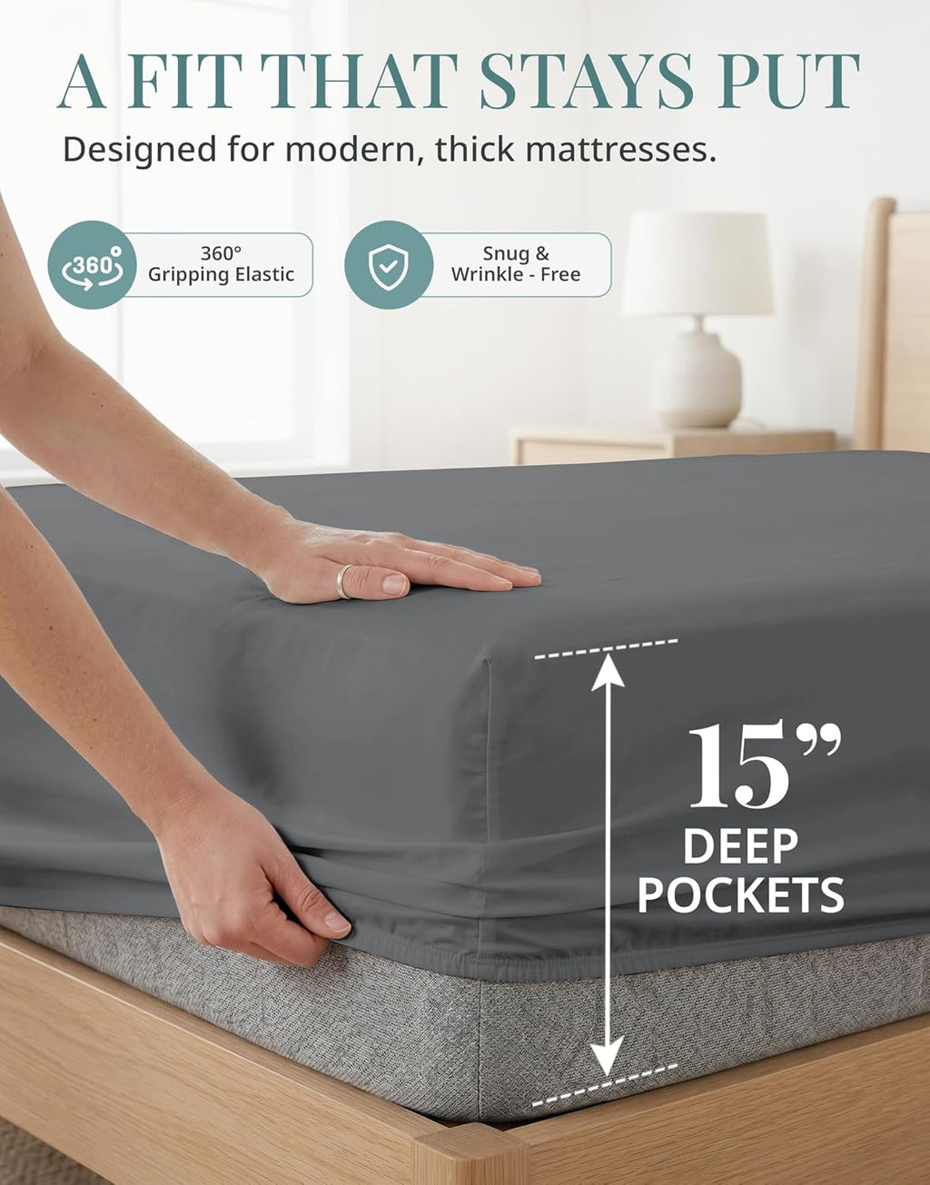 Bed Sheets Queen Size - 450TC 100% Cotton Sateen Weave, Charcoal | Soft, Breathable, Cooling & Silky Queen Sheet Set - 15 Inch Deep Pocket, OEKO-TEX Certified, Hotel Luxury