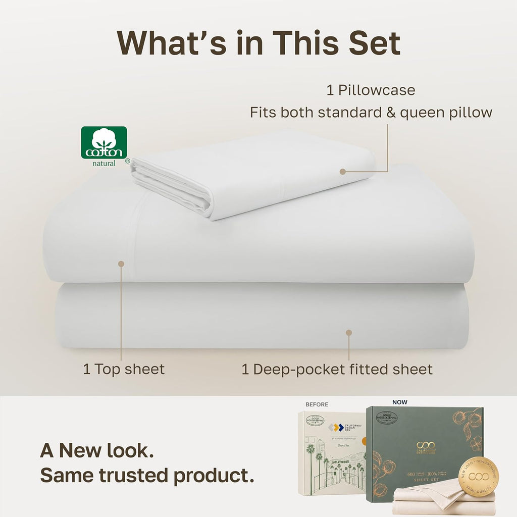 600 Thread Count Twin Bed Sheets Cotton Set | 100% Cotton Sateen Backed by Good Housekeeping Seal, Soft & Smooth, All-Around Elastic, Durable, 3 Pc - Antique Ivory Mist