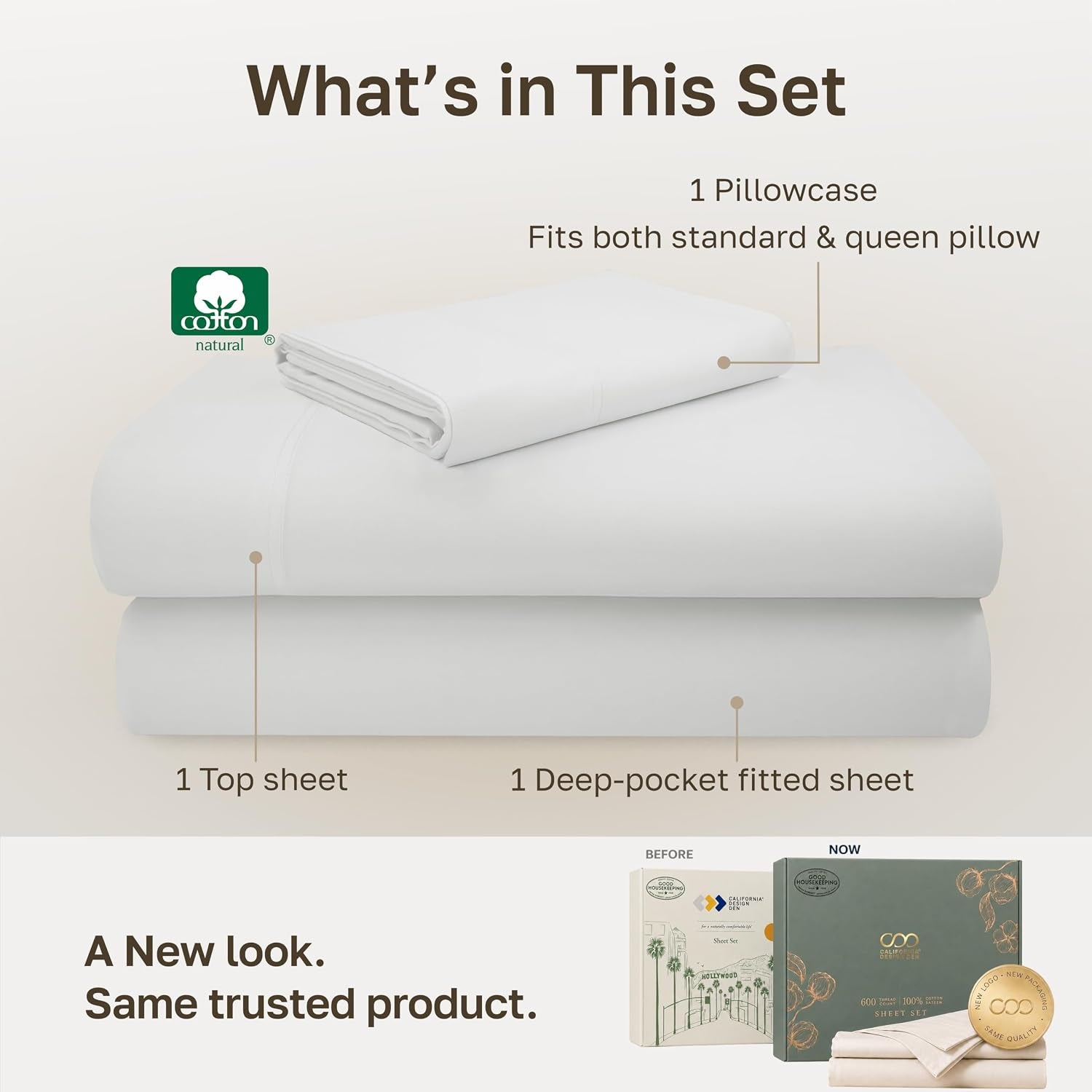 600 Thread Count Twin Bed Sheets Cotton Set | 100% Cotton Sateen Backed by Good Housekeeping Seal, Soft & Smooth, All-Around Elastic, Durable, 3 Pc - Antique Ivory Mist
