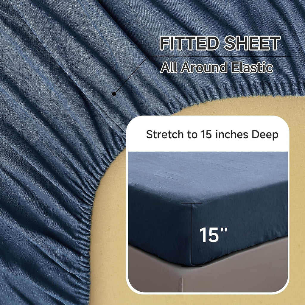100% Linen Sheets Queen Size Set, 4 Pcs Natural French Linen Bed Sheets, Breathable Soft Durable Bedding Set for All Season (Classic Blue, Queen)