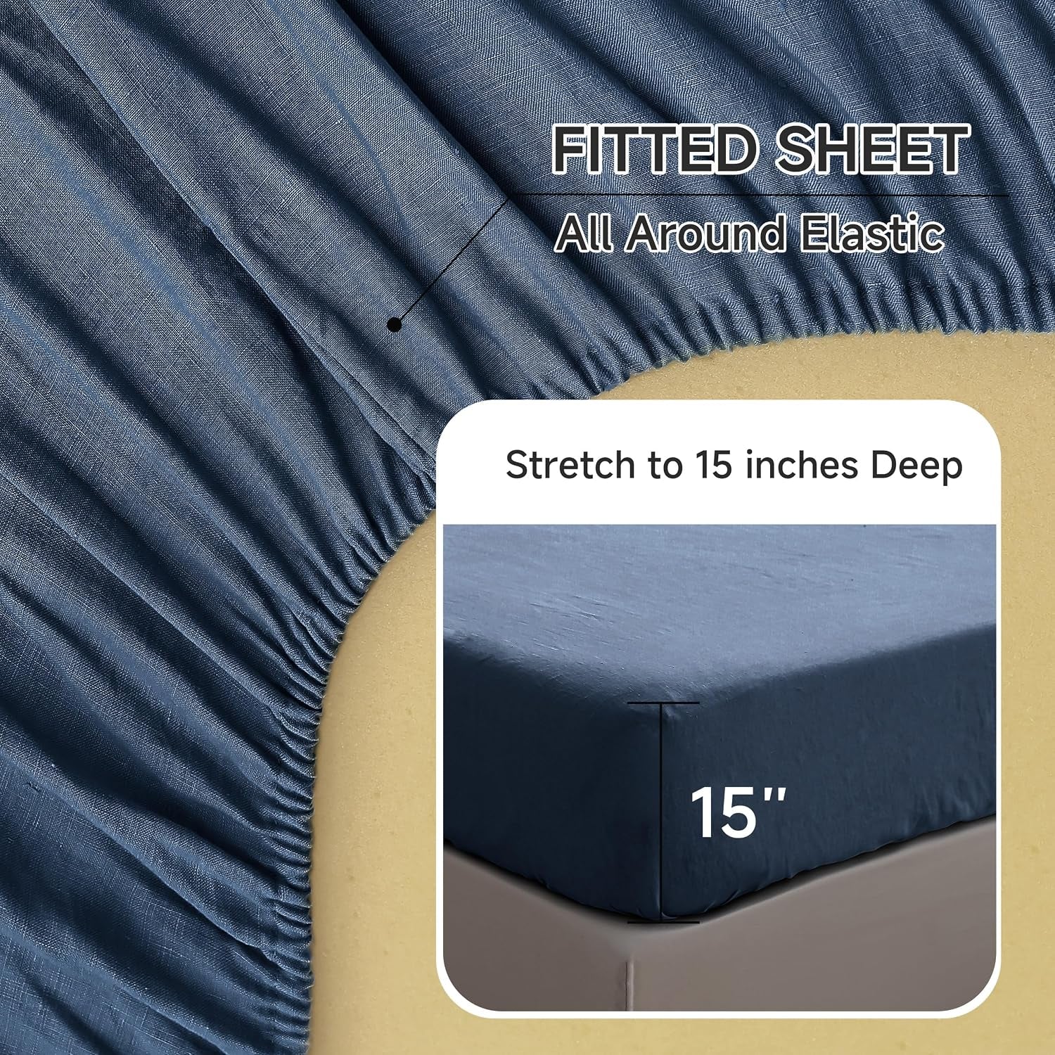 100% Linen Sheets Queen Size Set, 4 Pcs Natural French Linen Bed Sheets, Breathable Soft Durable Bedding Set for All Season (Classic Blue, Queen)