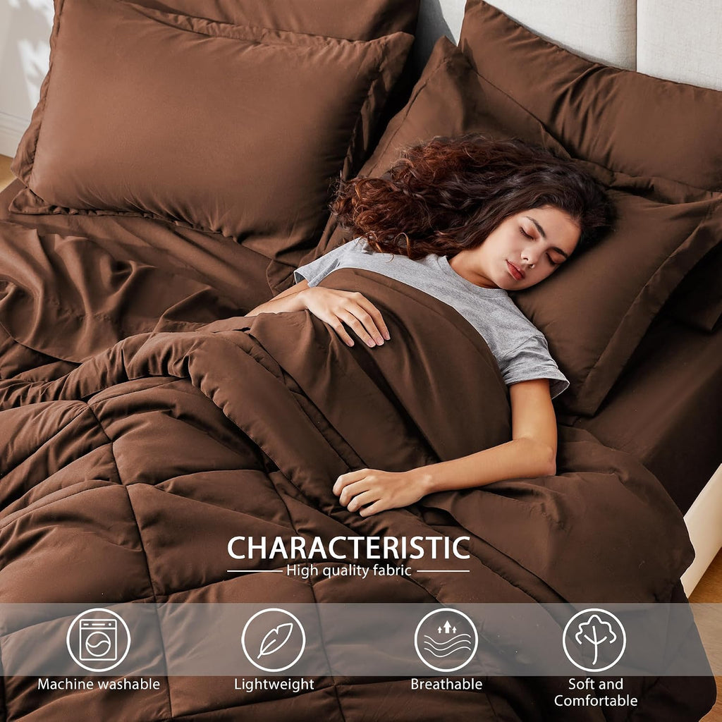 Full Comforter Set Brown, 7 Pieces Full Bed in a Bag, All Season Bedding Sets with 1 Comforter, 1 Flat Sheet, 1 Fitted Sheet, 2 Pillowcase and 2 Pillow Sham