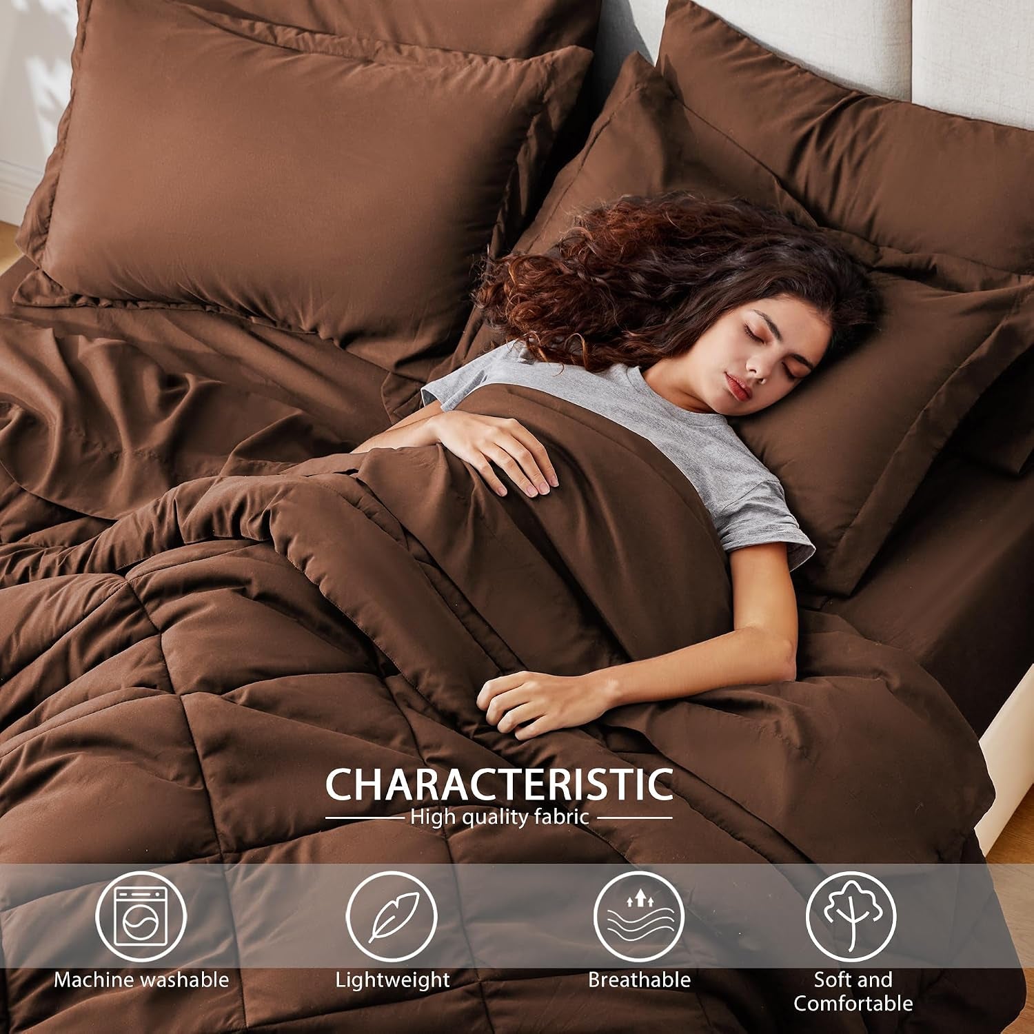 Full Comforter Set Brown, 7 Pieces Full Bed in a Bag, All Season Bedding Sets with 1 Comforter, 1 Flat Sheet, 1 Fitted Sheet, 2 Pillowcase and 2 Pillow Sham