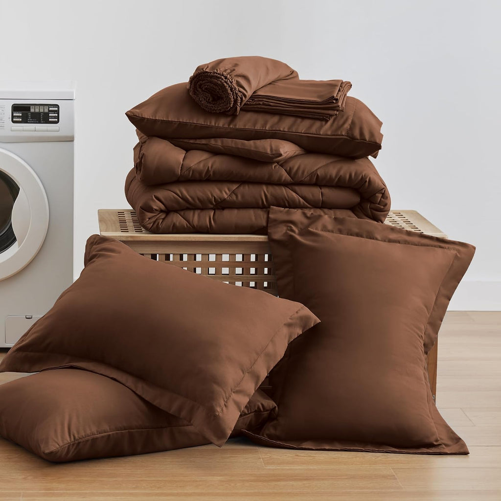 Full Comforter Set Brown, 7 Pieces Full Bed in a Bag, All Season Bedding Sets with 1 Comforter, 1 Flat Sheet, 1 Fitted Sheet, 2 Pillowcase and 2 Pillow Sham