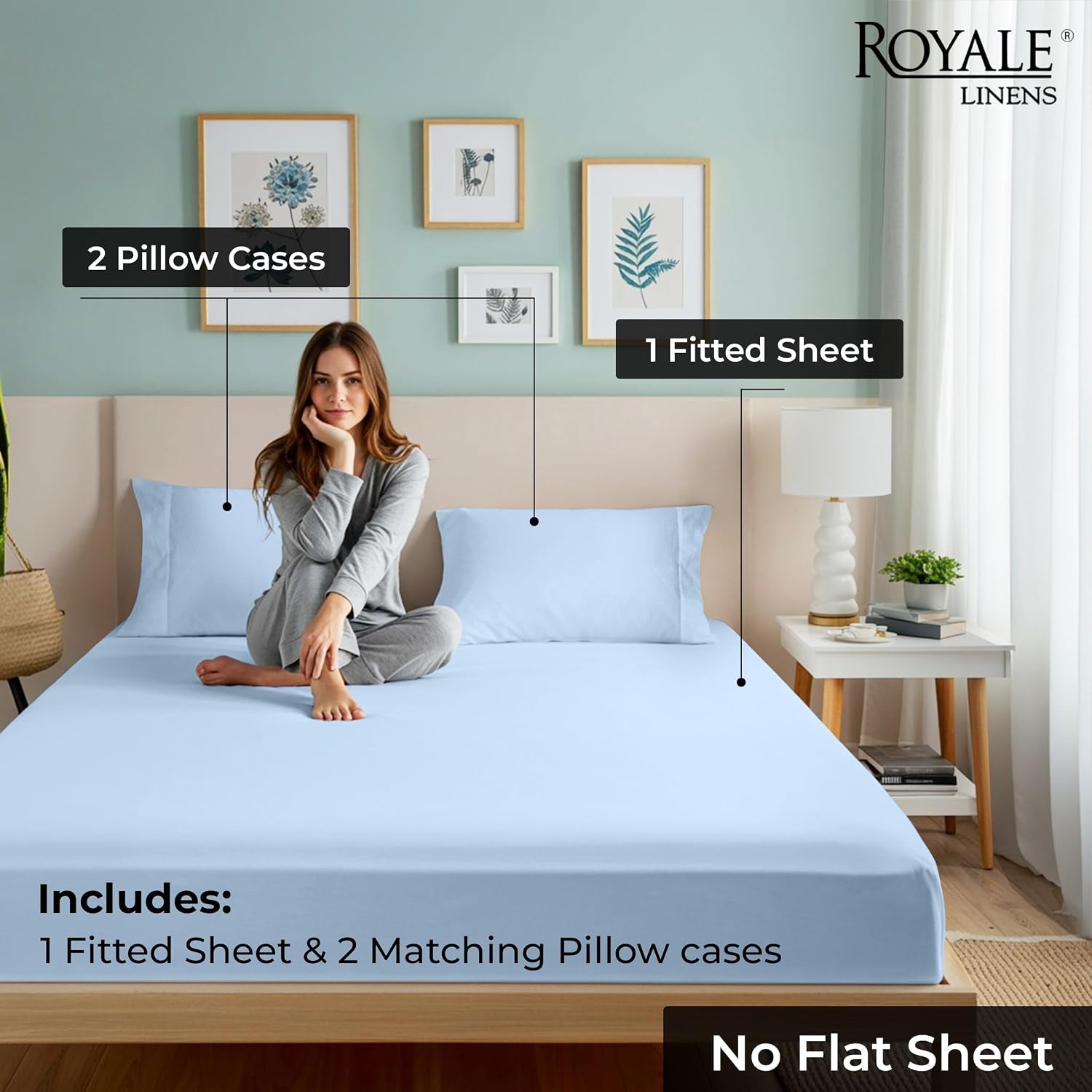 Royale Linen Fitted Sheet with Pillowcases - Queen Fitted Sheets with 2 Pillowcases - 300 Thread Count 100% Organic Cotton - Fit Mattress up to 18" Deep - Soft & Breathable - Lake Blue (No Flat Sheet)