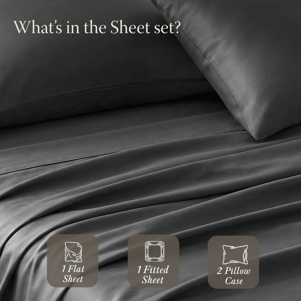 400TC Egyptian Cotton Queen Sheet Set, Sateen, Dark Grey, 4-Pc | 100% Egyptian Cotton, Sateen Weave, 4-Piece Set, 16" Deep Pocket, Cooling, OEKO-TEX Certified, Machine Washable